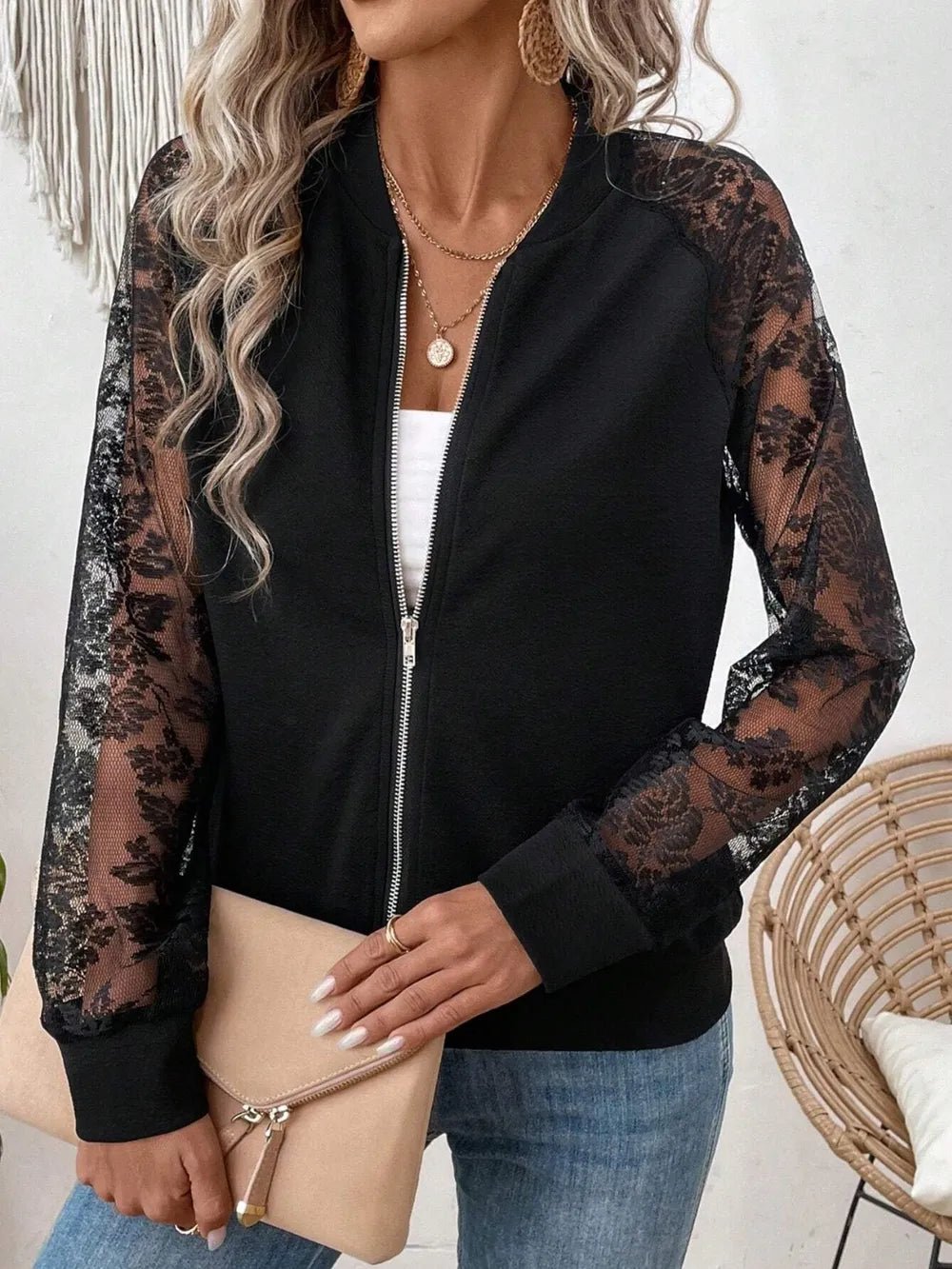 Lace Baseball Collar Zip Up Jacket - MAD RUFFI