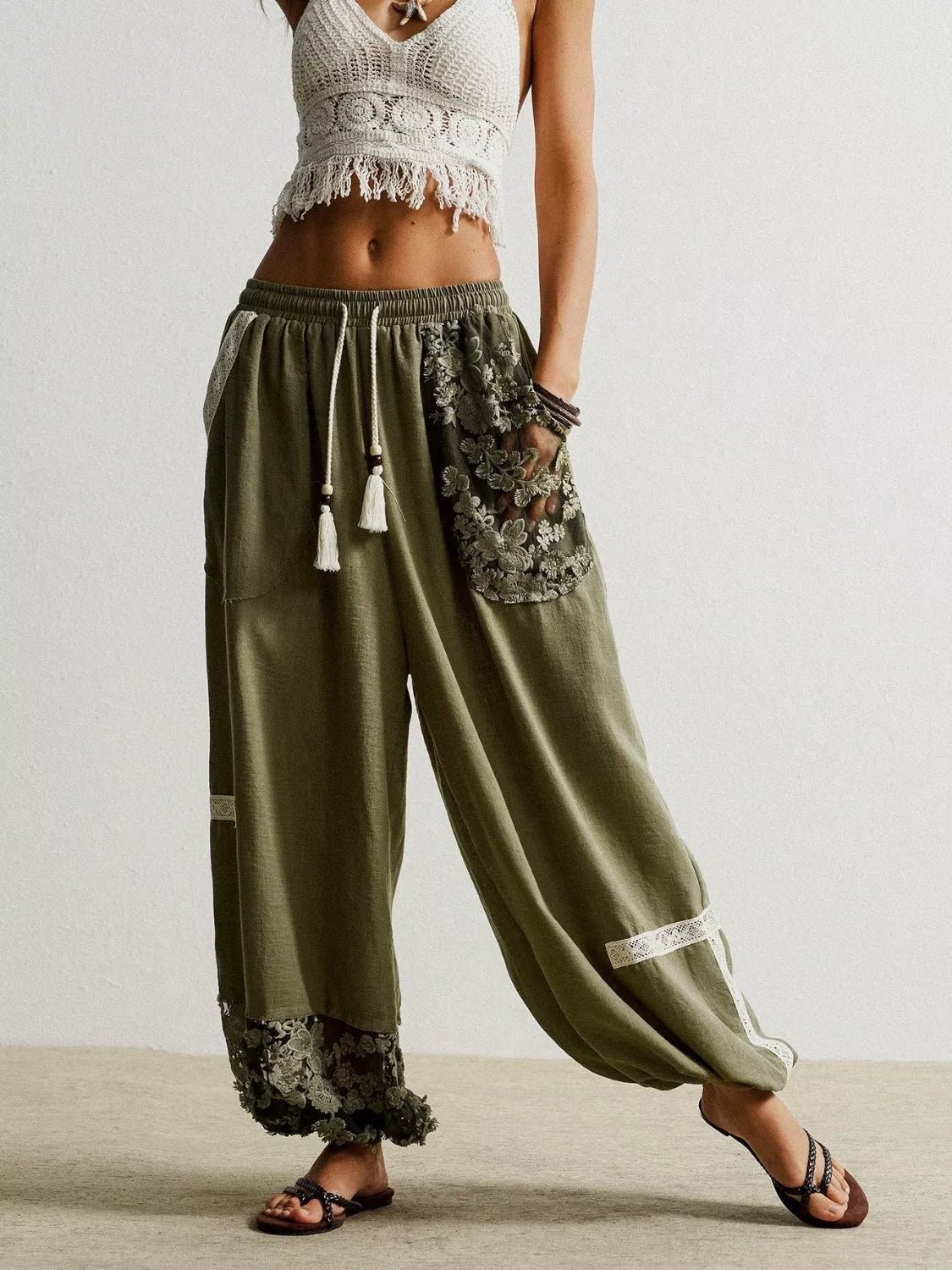 Lace Detail Drawstring Harem Pants - MAD RUFFI