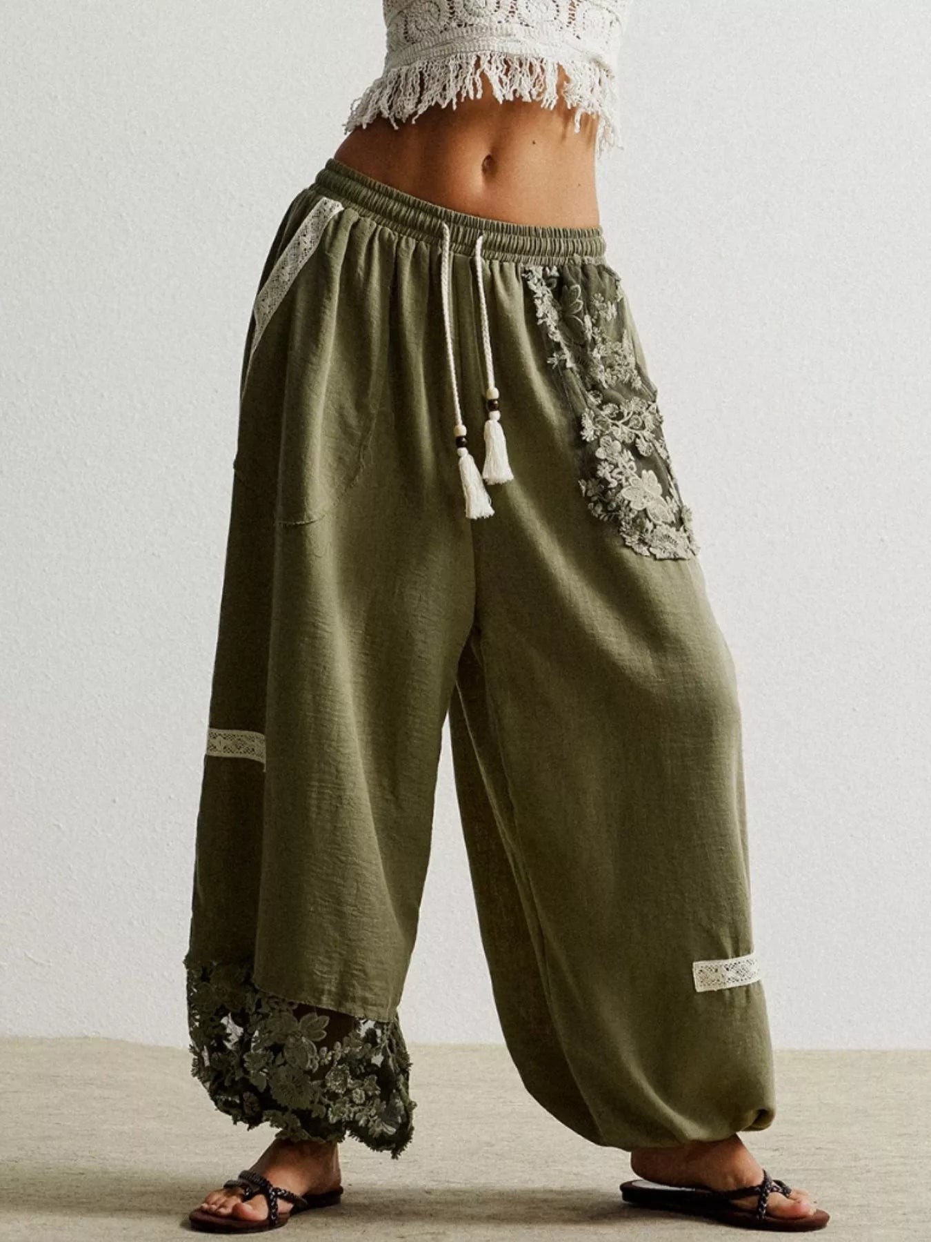 Lace Detail Drawstring Harem Pants - MAD RUFFI