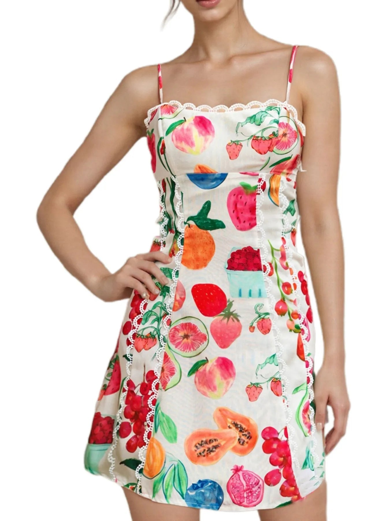 Lace Detail Fruit Print Cami Dress - MAD RUFFI