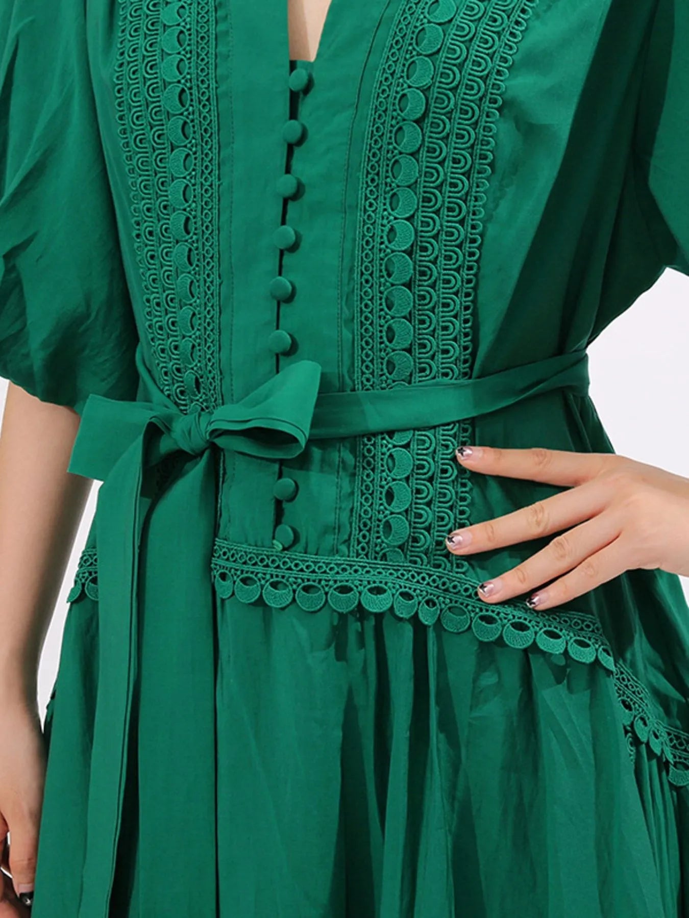 Lace Detail Notched Puff Sleeve Maxi Dress - MAD RUFFI