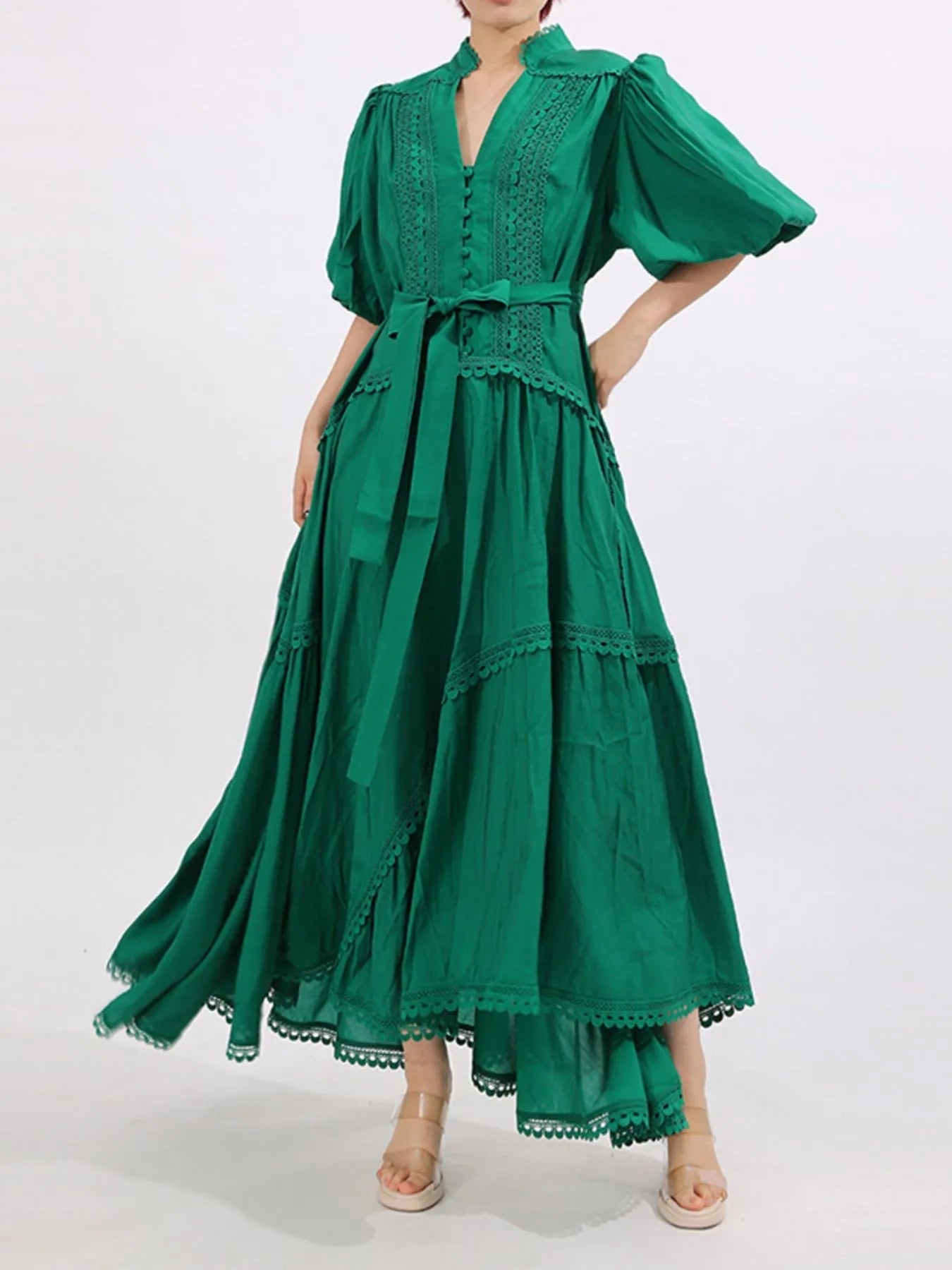 Lace Detail Notched Puff Sleeve Maxi Dress - MAD RUFFI