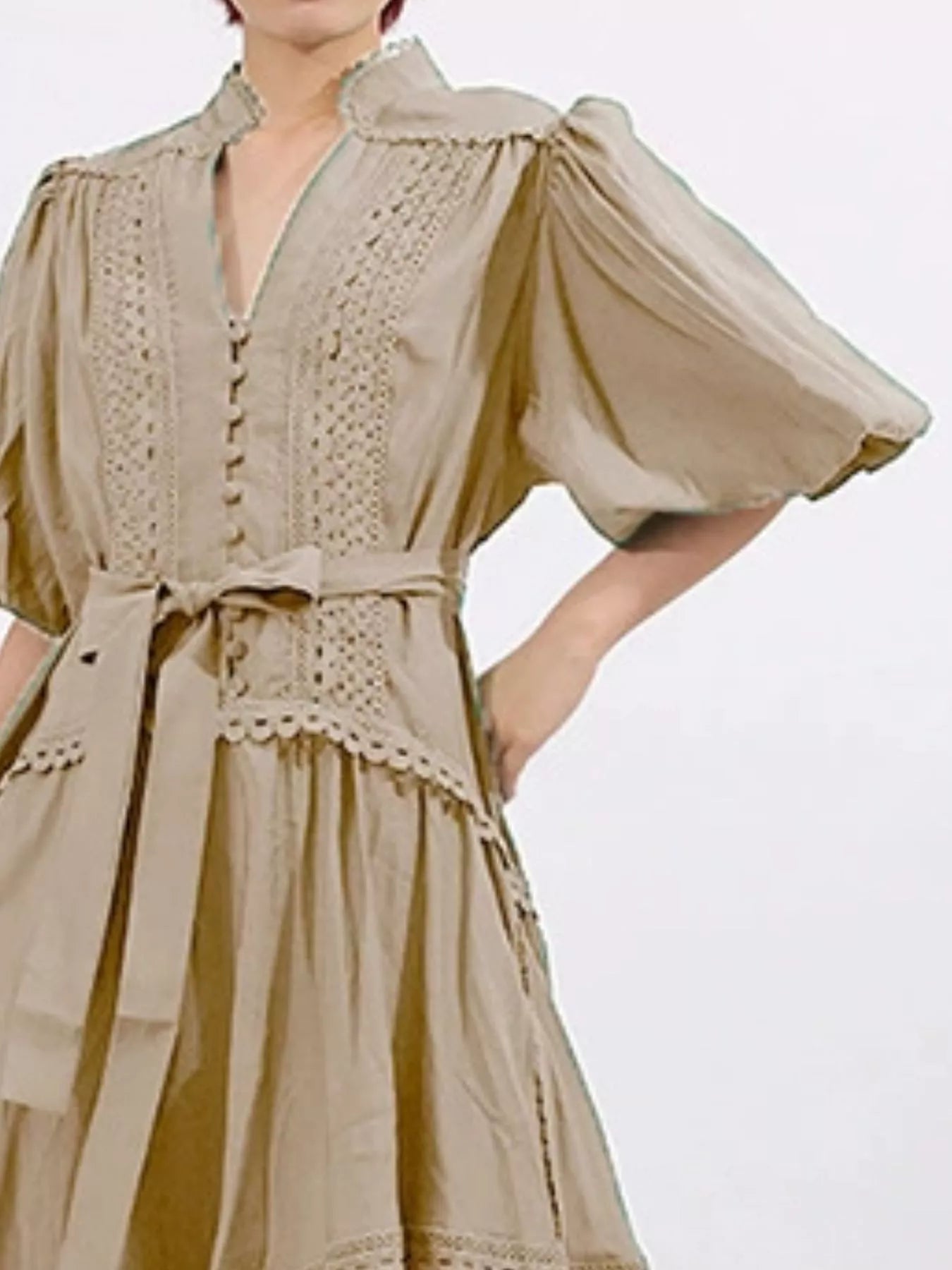 Lace Detail Notched Puff Sleeve Maxi Dress - MAD RUFFI