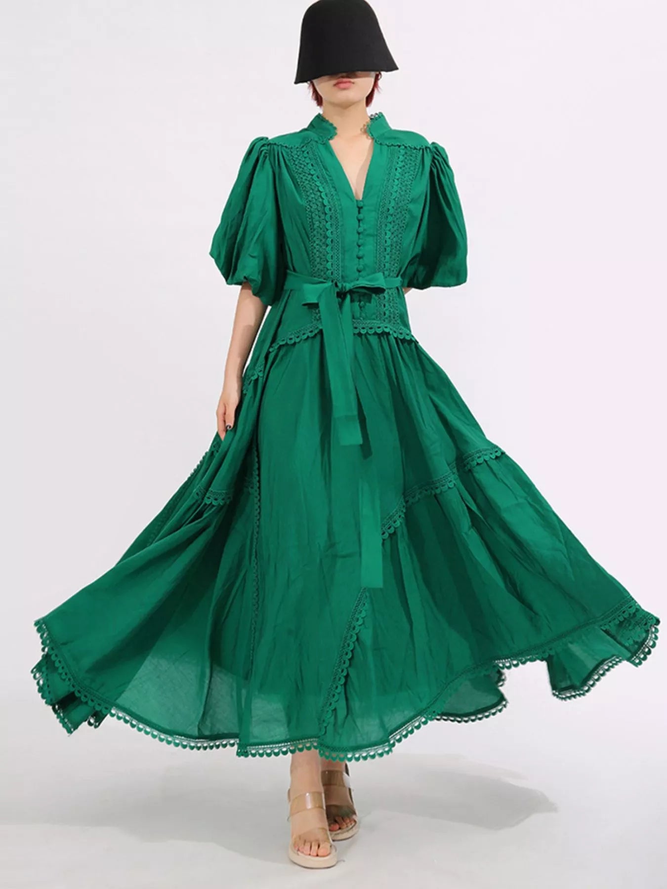 Lace Detail Notched Puff Sleeve Maxi Dress - MAD RUFFI