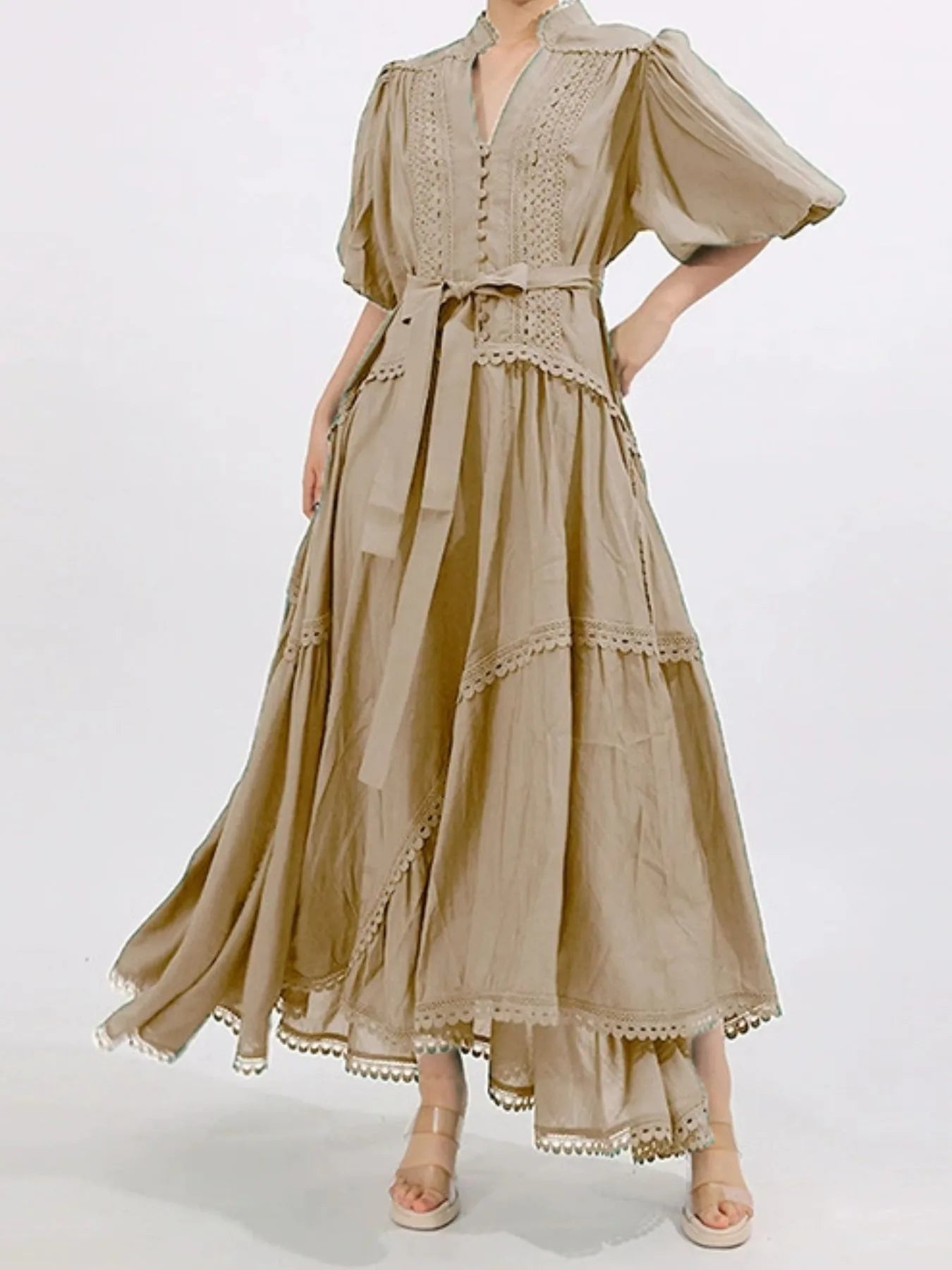 Lace Detail Notched Puff Sleeve Maxi Dress - MAD RUFFI