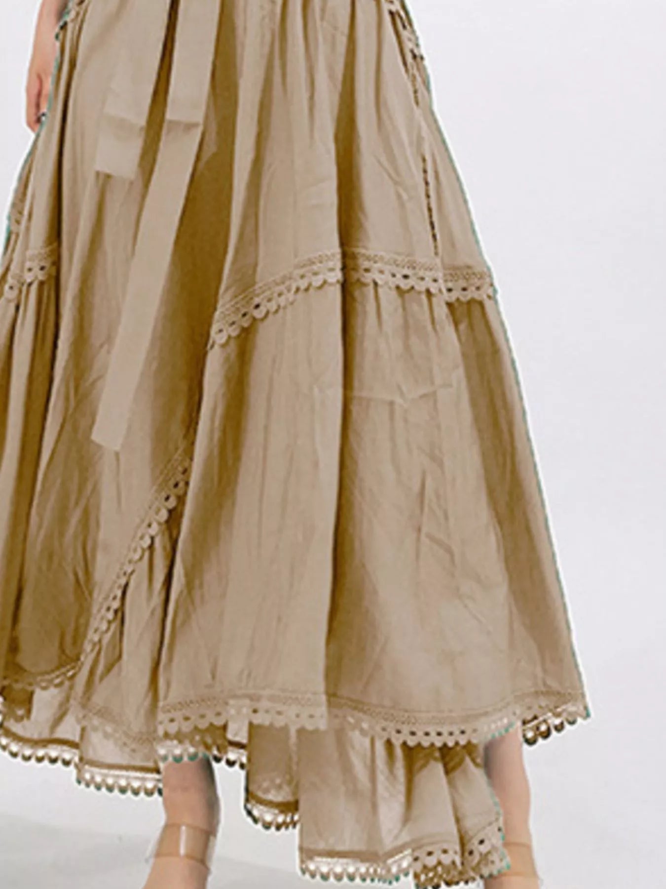 Lace Detail Notched Puff Sleeve Maxi Dress - MAD RUFFI