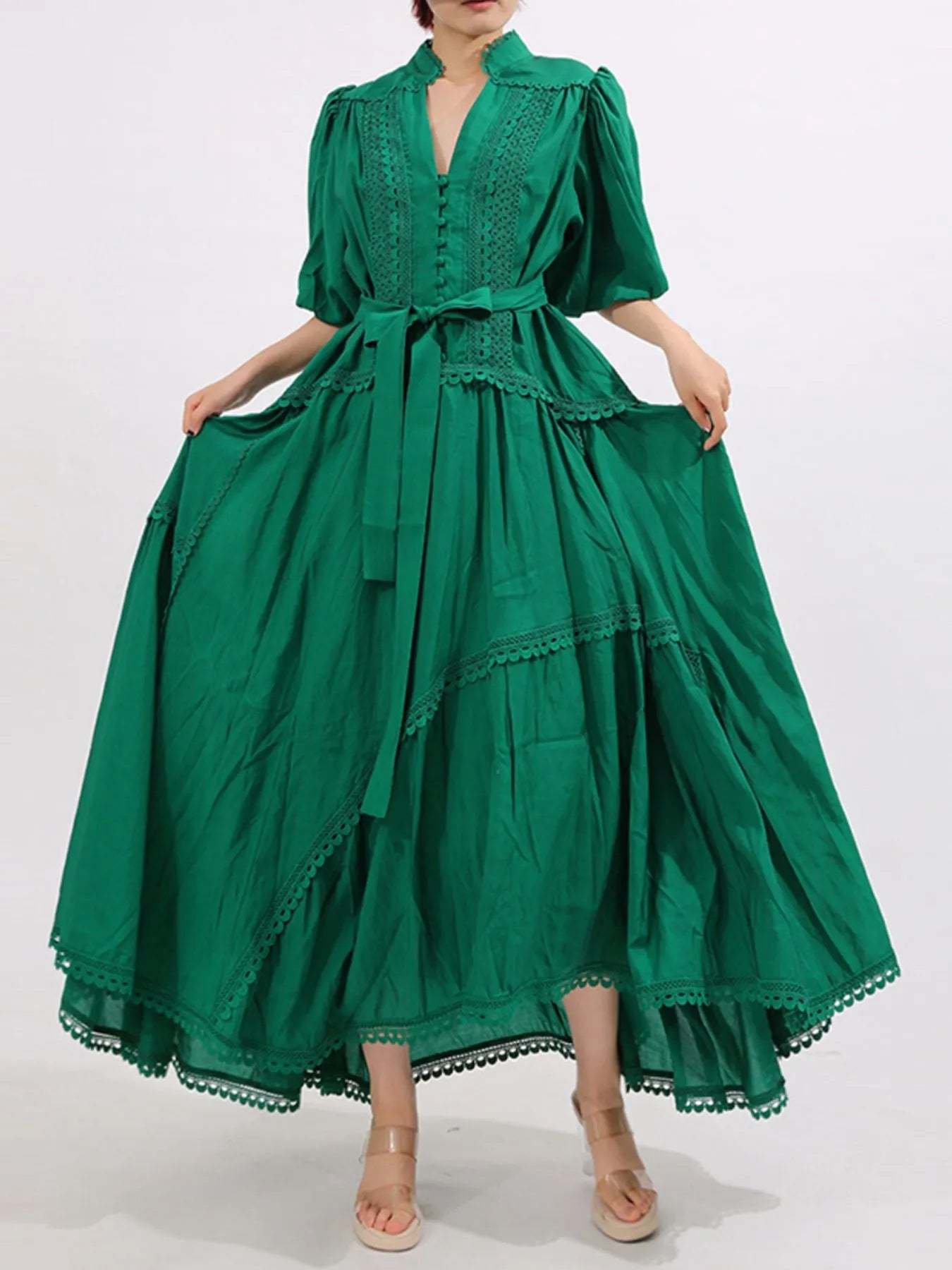 Lace Detail Notched Puff Sleeve Maxi Dress - MAD RUFFI