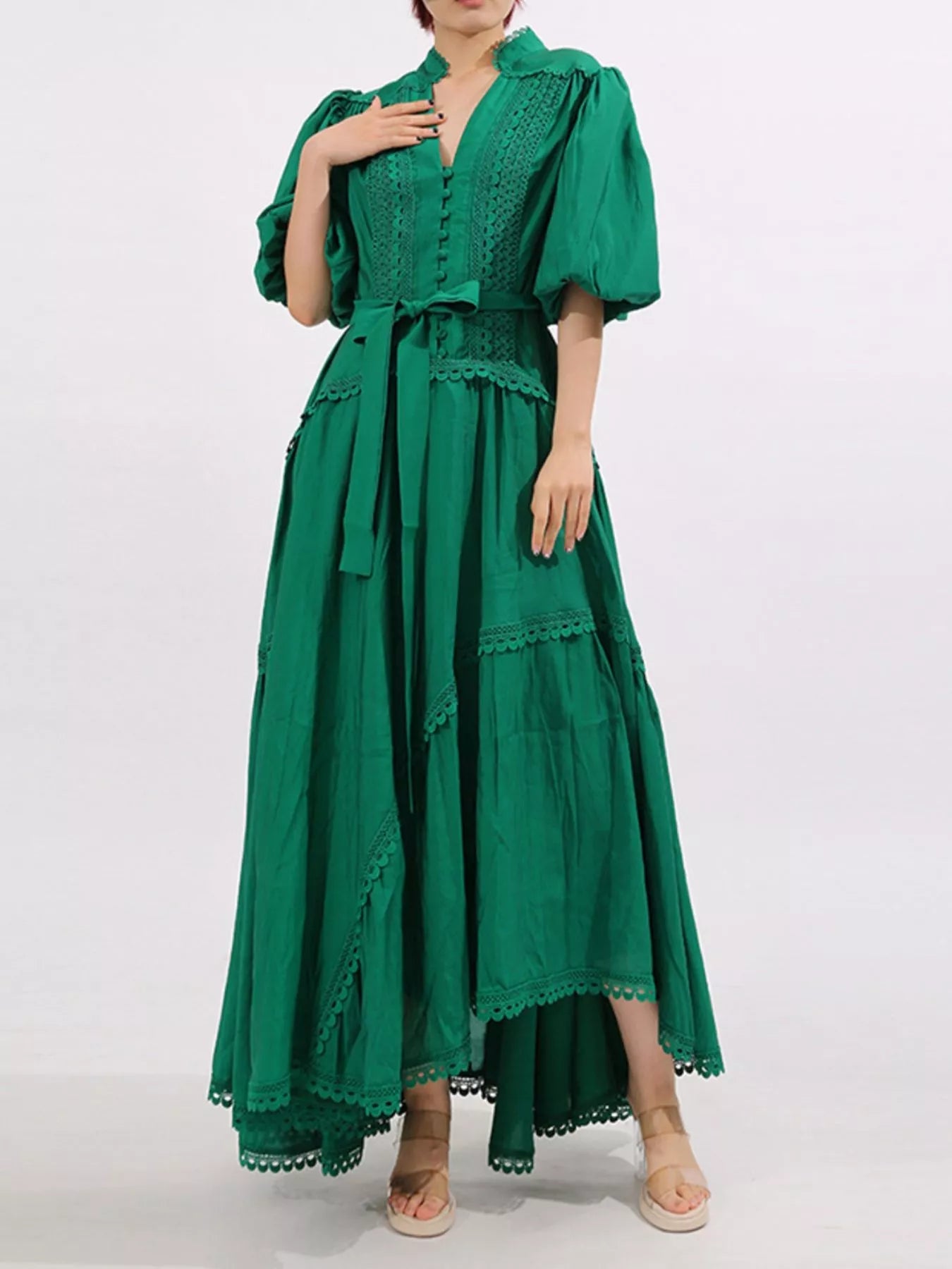Lace Detail Notched Puff Sleeve Maxi Dress - MAD RUFFI