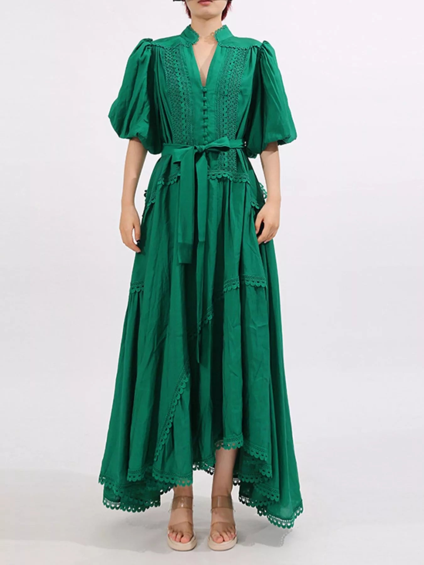 Lace Detail Notched Puff Sleeve Maxi Dress - MAD RUFFI