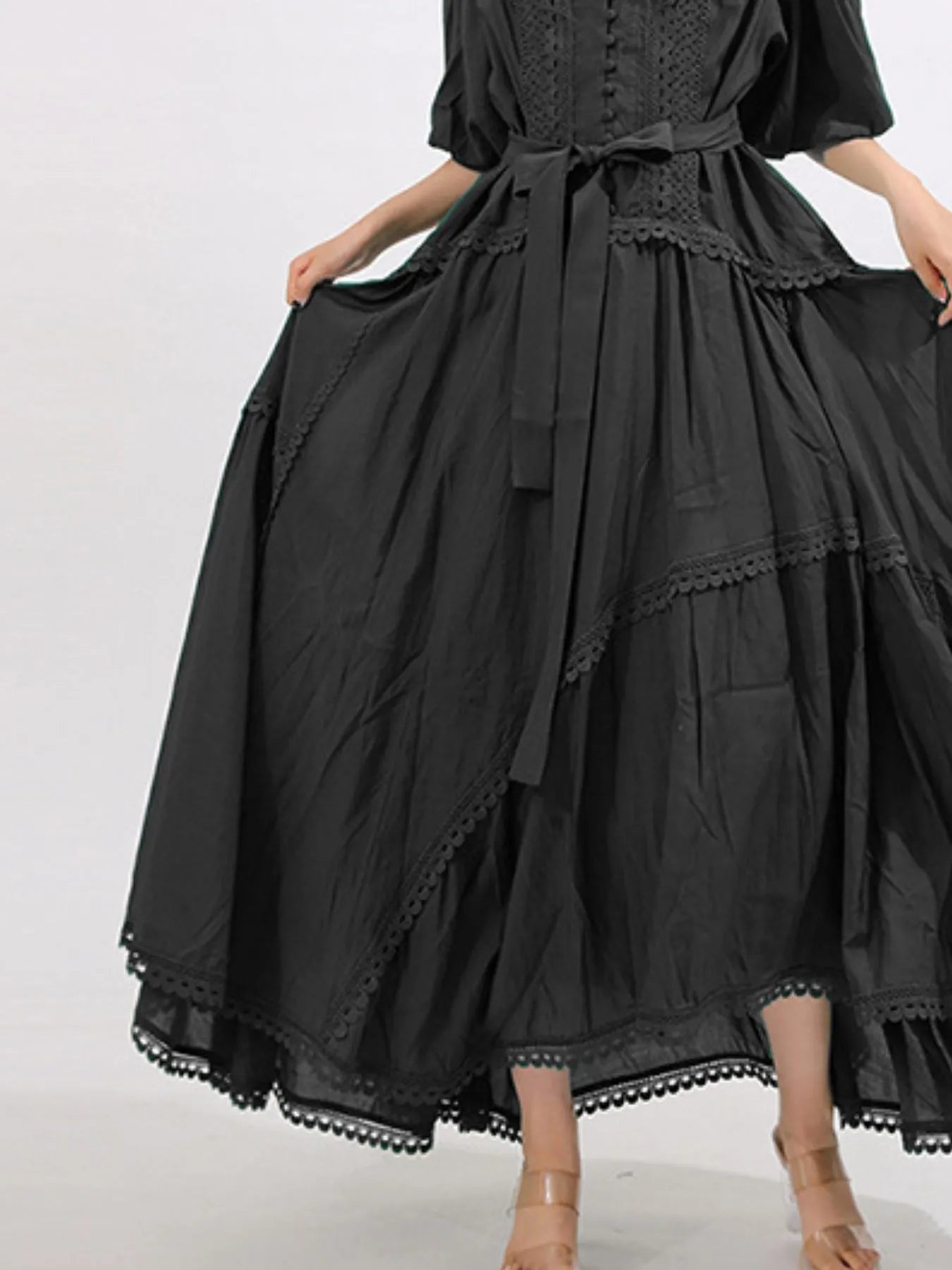 Lace Detail Notched Puff Sleeve Maxi Dress - MAD RUFFI