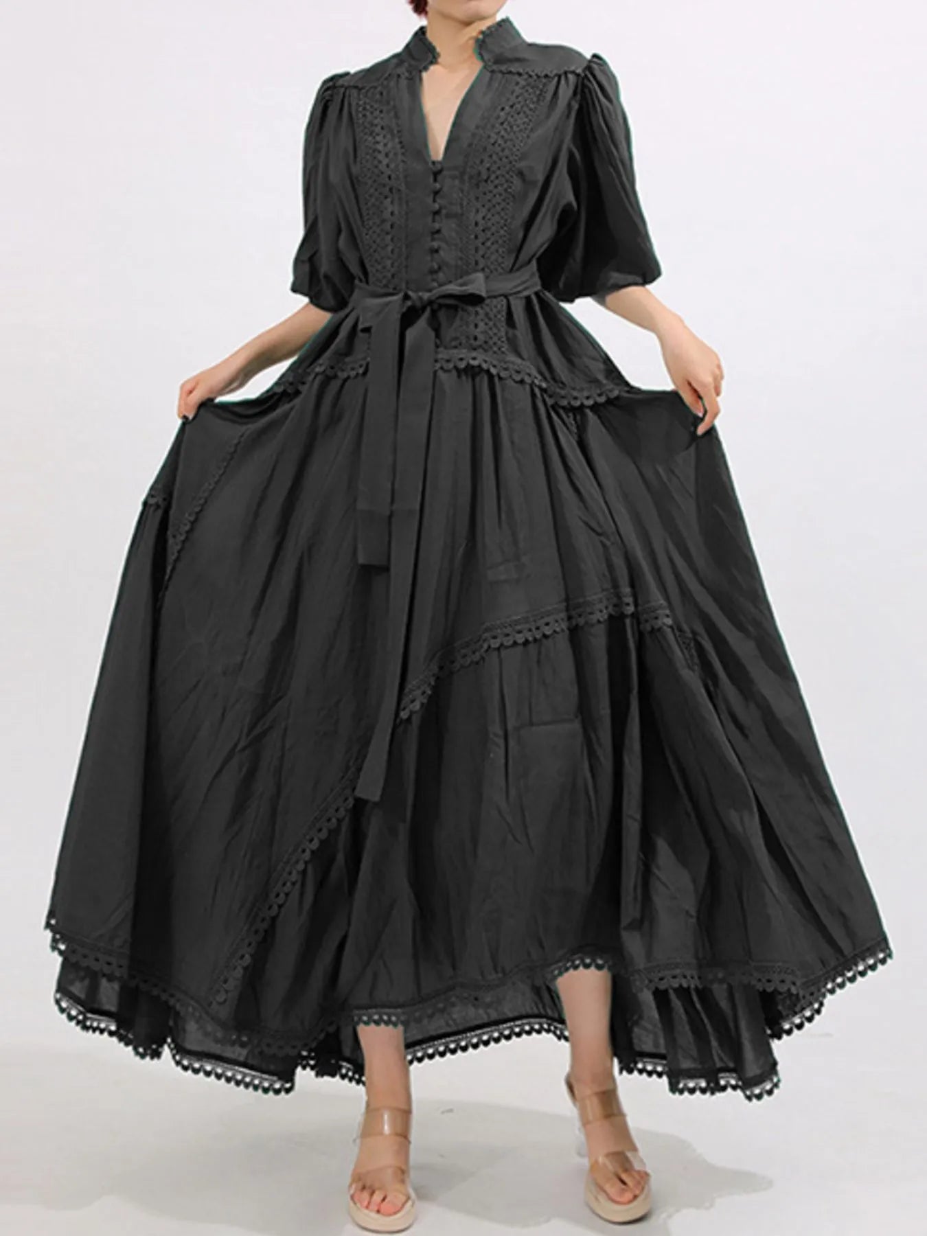 Lace Detail Notched Puff Sleeve Maxi Dress - MAD RUFFI