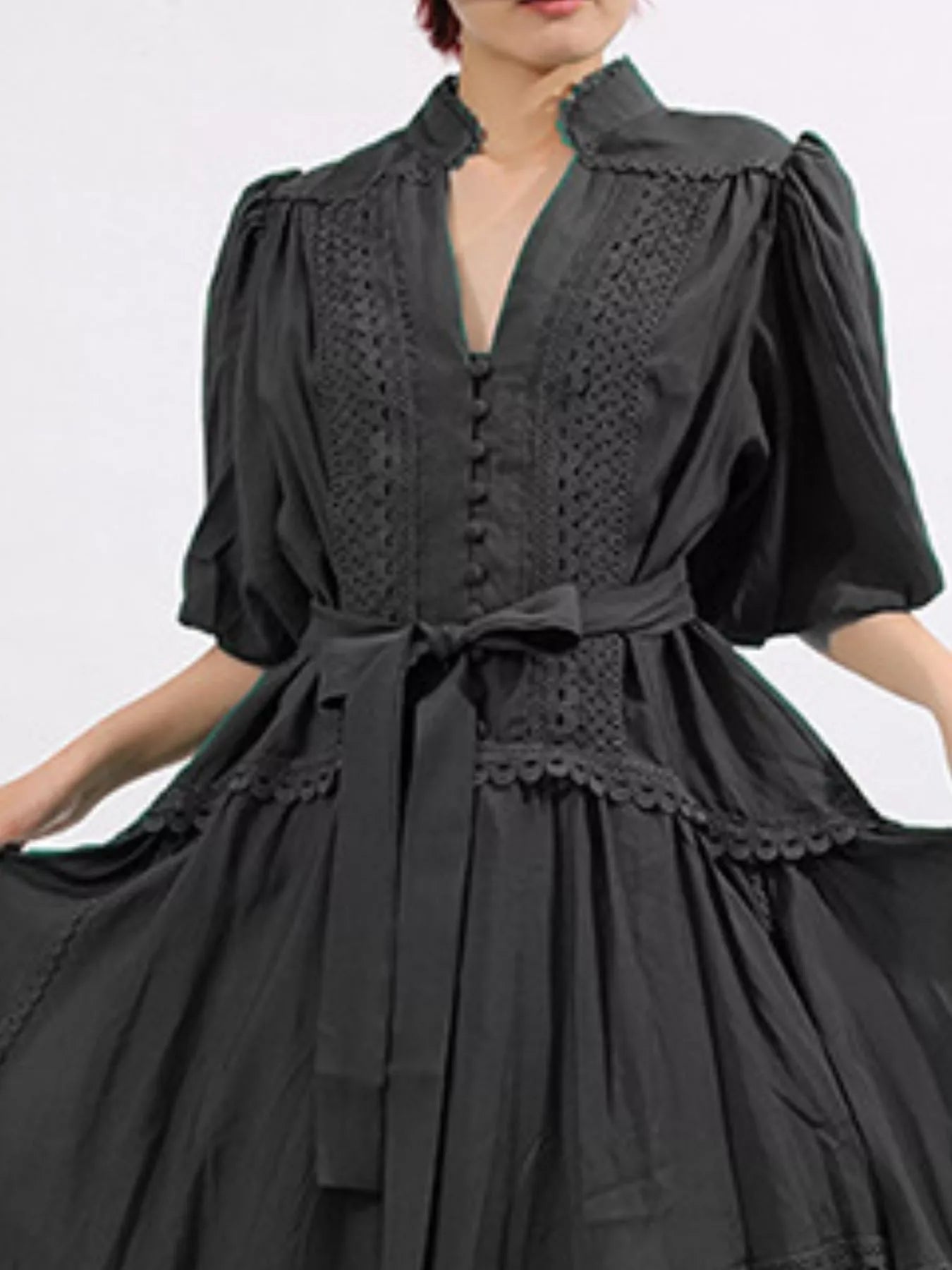 Lace Detail Notched Puff Sleeve Maxi Dress - MAD RUFFI