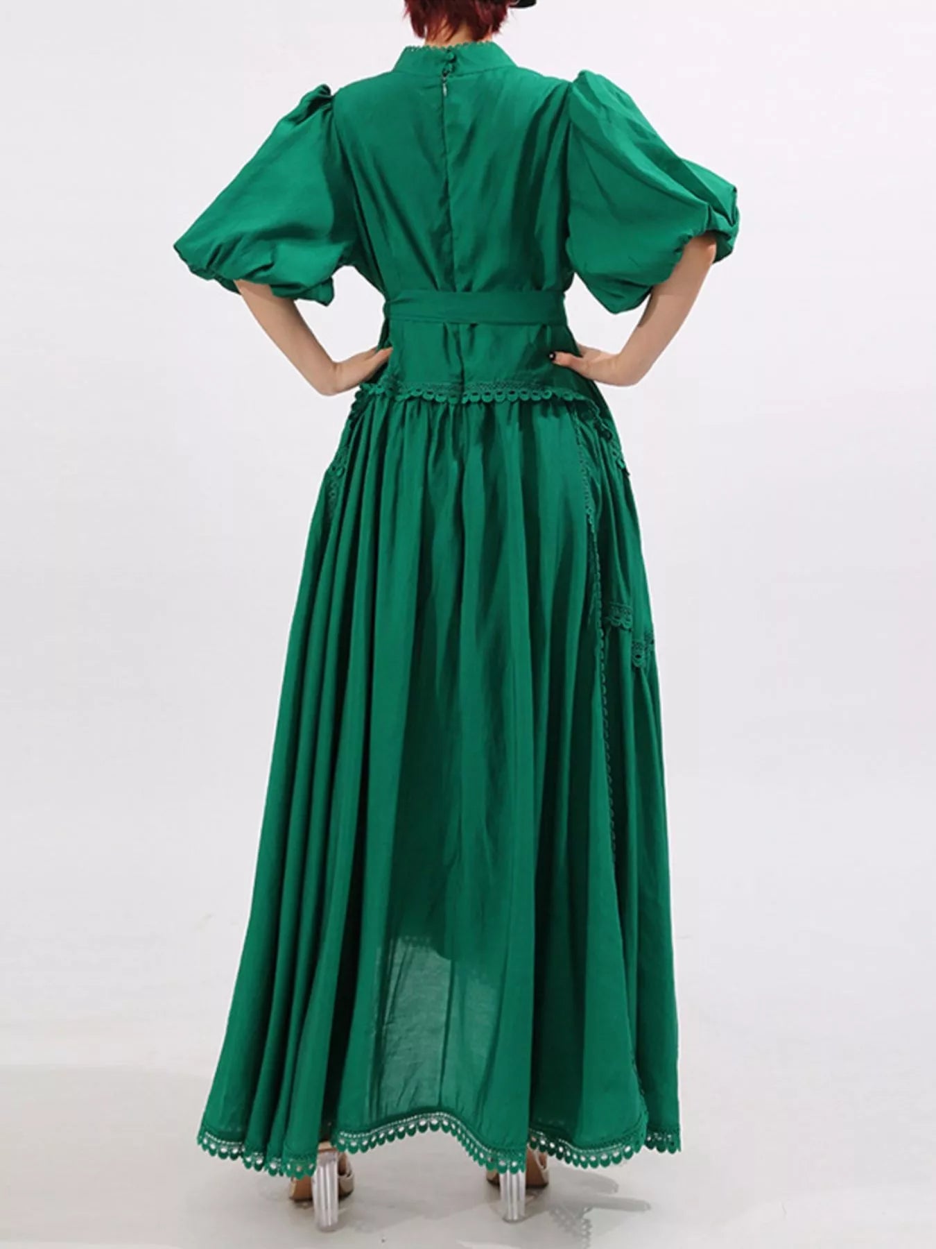 Lace Detail Notched Puff Sleeve Maxi Dress - MAD RUFFI