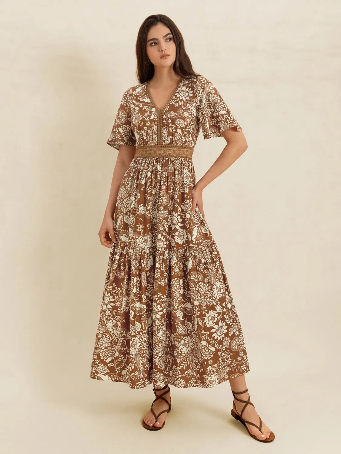 Lace Detail Printed Short Sleeve Midi Dress - MAD RUFFI