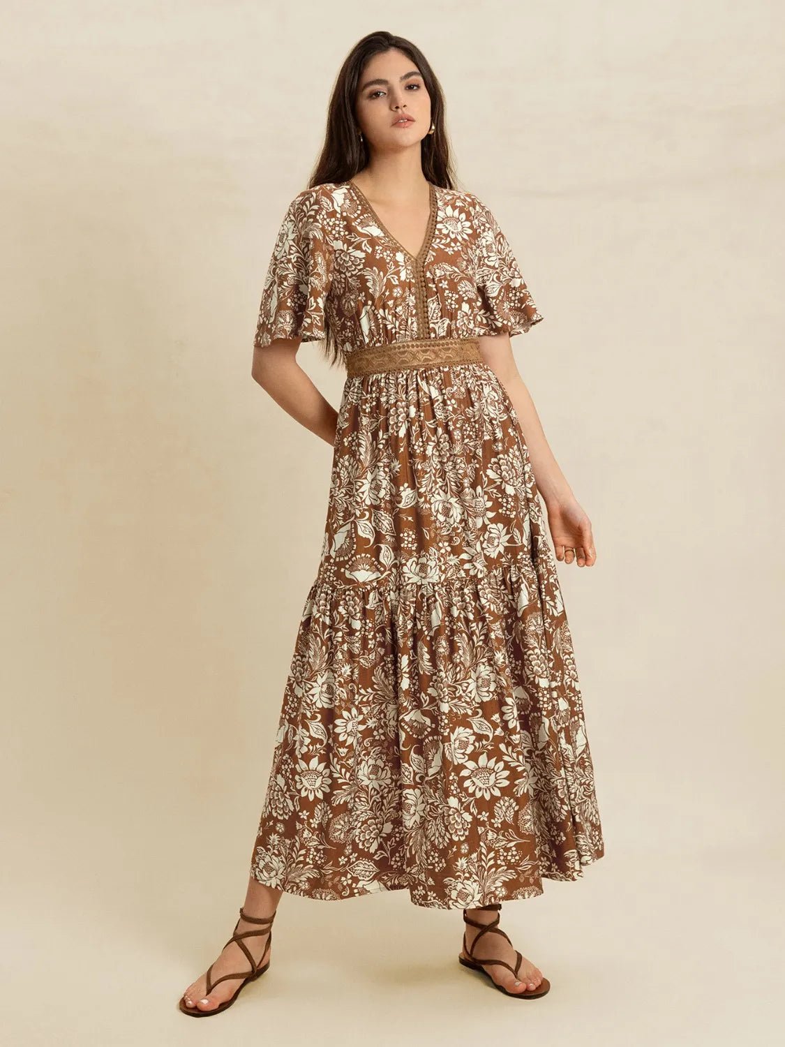 Lace Detail Printed Short Sleeve Midi Dress - MAD RUFFI