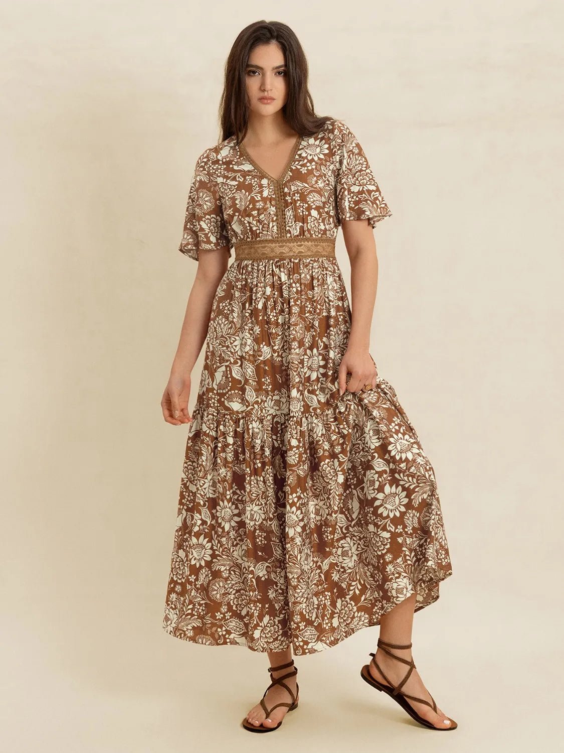 Lace Detail Printed Short Sleeve Midi Dress - MAD RUFFI