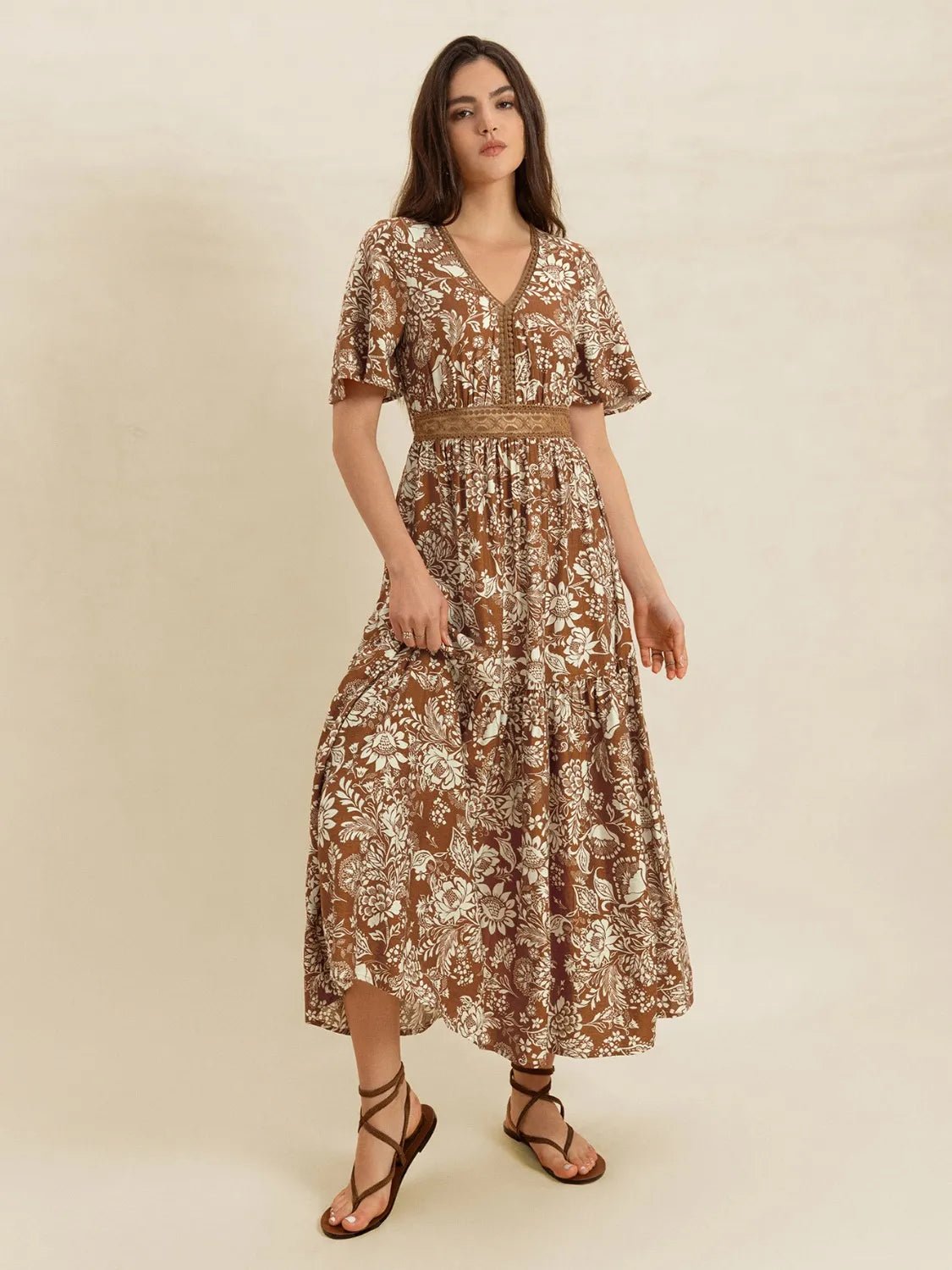 Lace Detail Printed Short Sleeve Midi Dress - MAD RUFFI