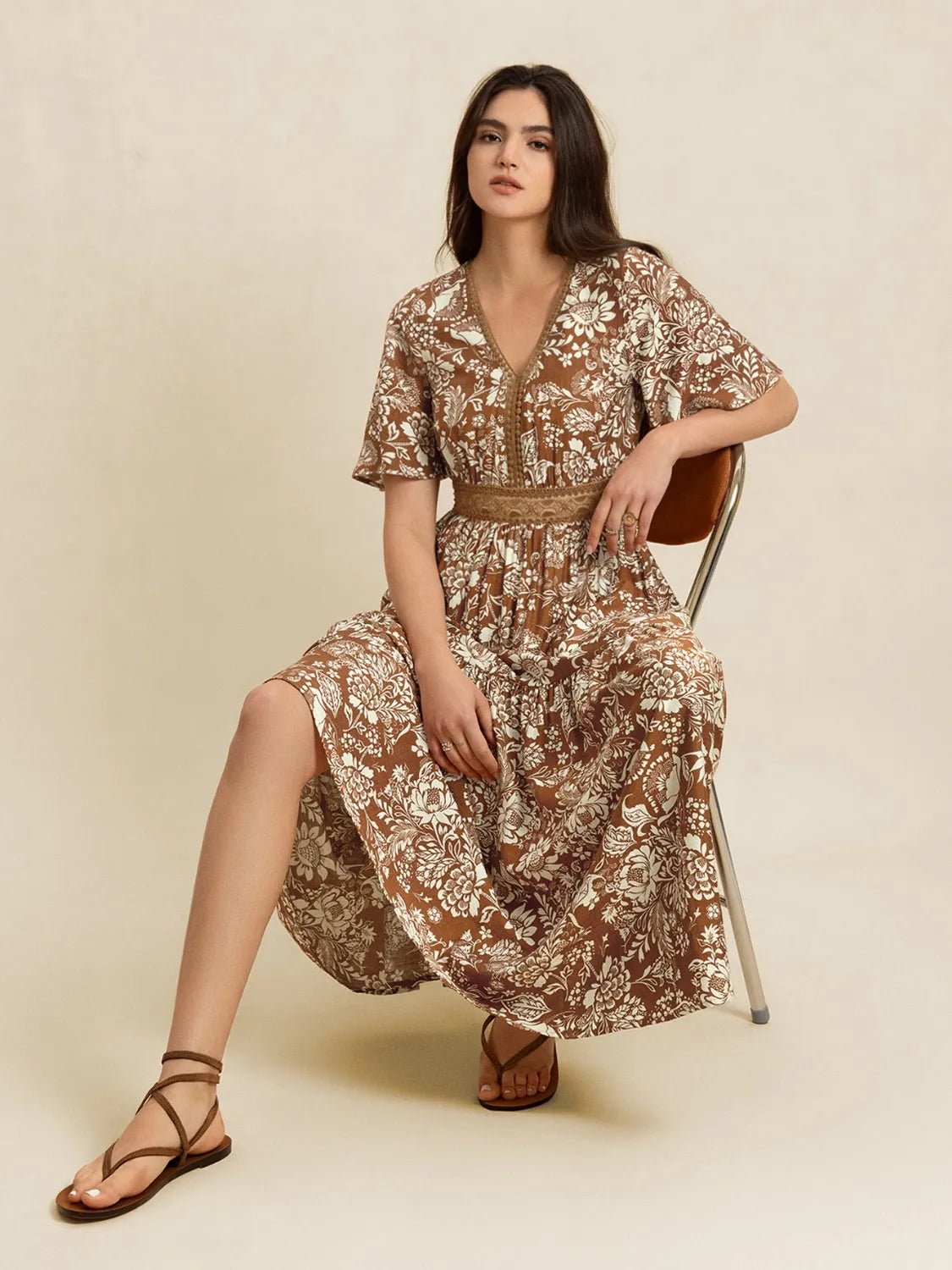 Lace Detail Printed Short Sleeve Midi Dress - MAD RUFFI