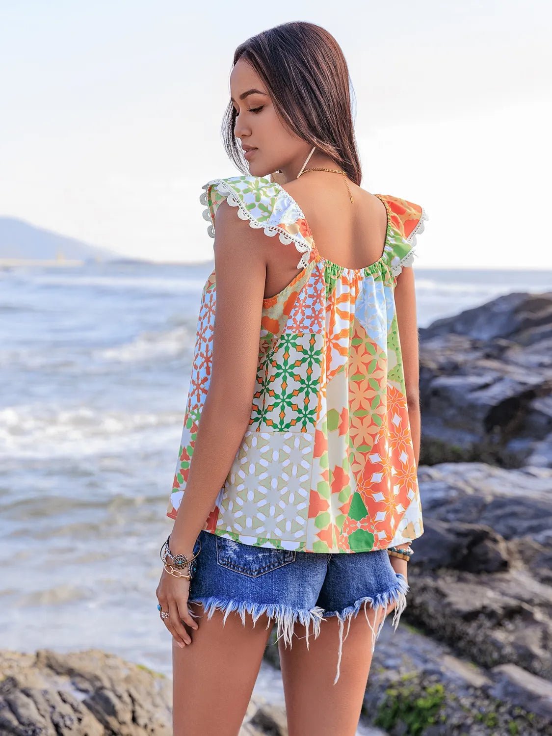 Lace Detail Printed Tie Neck Cap Sleeve Blouse - MAD RUFFI