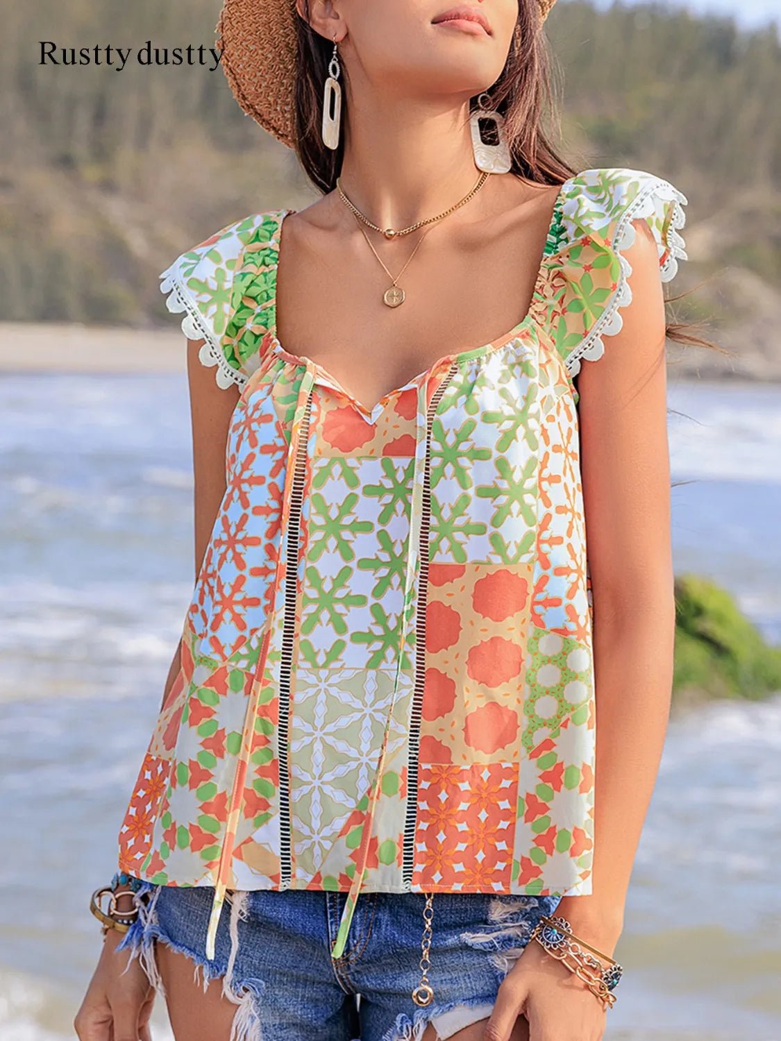 Lace Detail Printed Tie Neck Cap Sleeve Blouse - MAD RUFFI