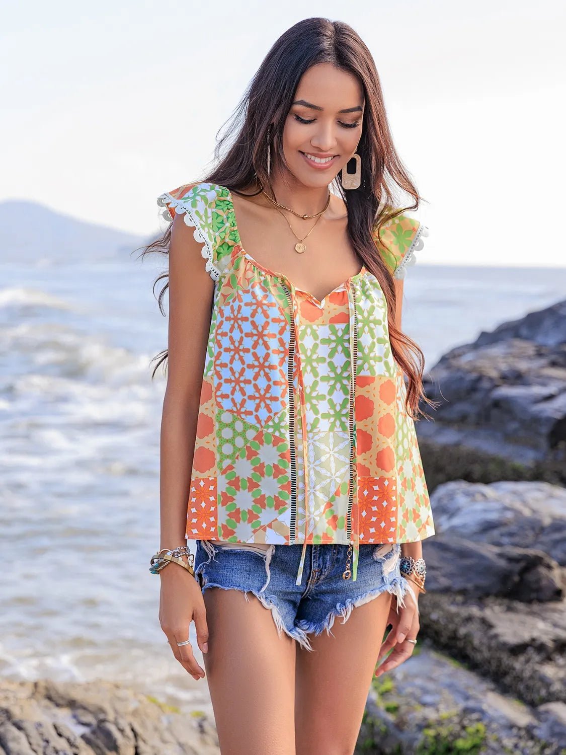 Lace Detail Printed Tie Neck Cap Sleeve Blouse - MAD RUFFI