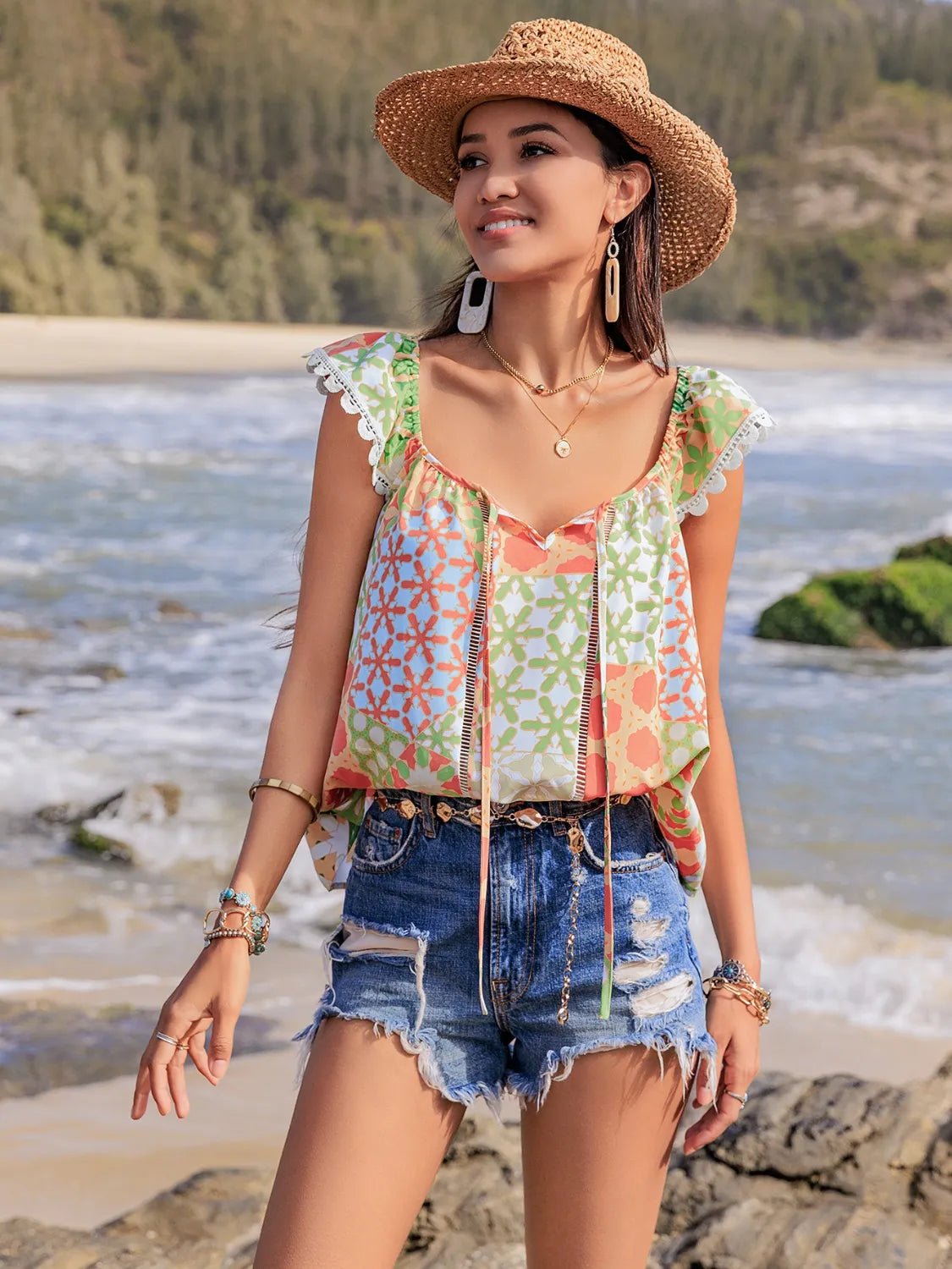 Lace Detail Printed Tie Neck Cap Sleeve Blouse - MAD RUFFI