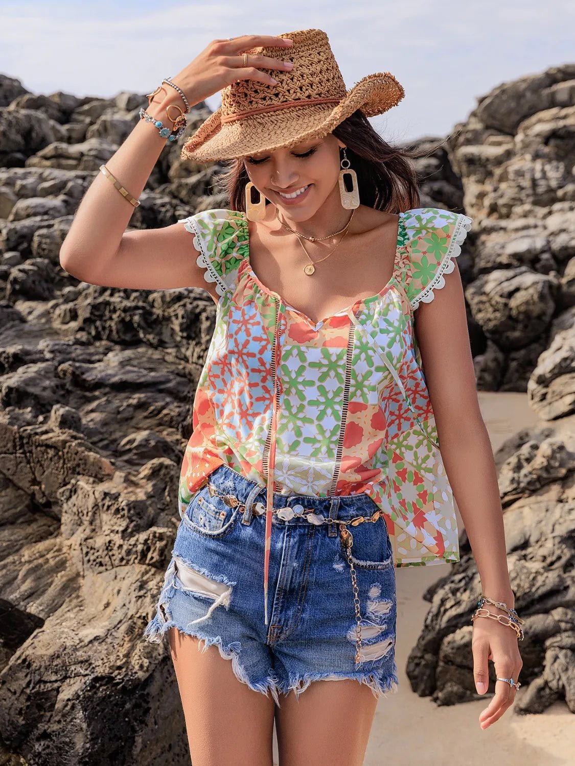 Lace Detail Printed Tie Neck Cap Sleeve Blouse - MAD RUFFI