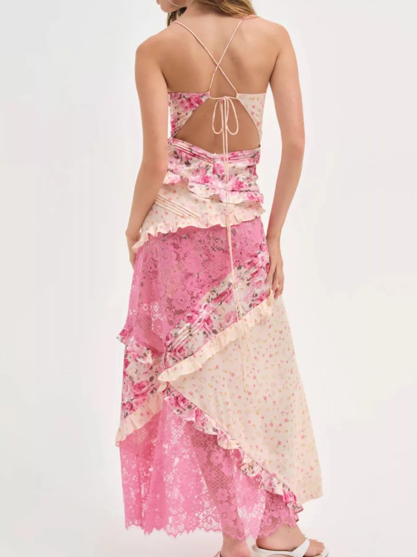 Lace Detail Ruffled Floral V - Neck Maxi Dress - MAD RUFFI