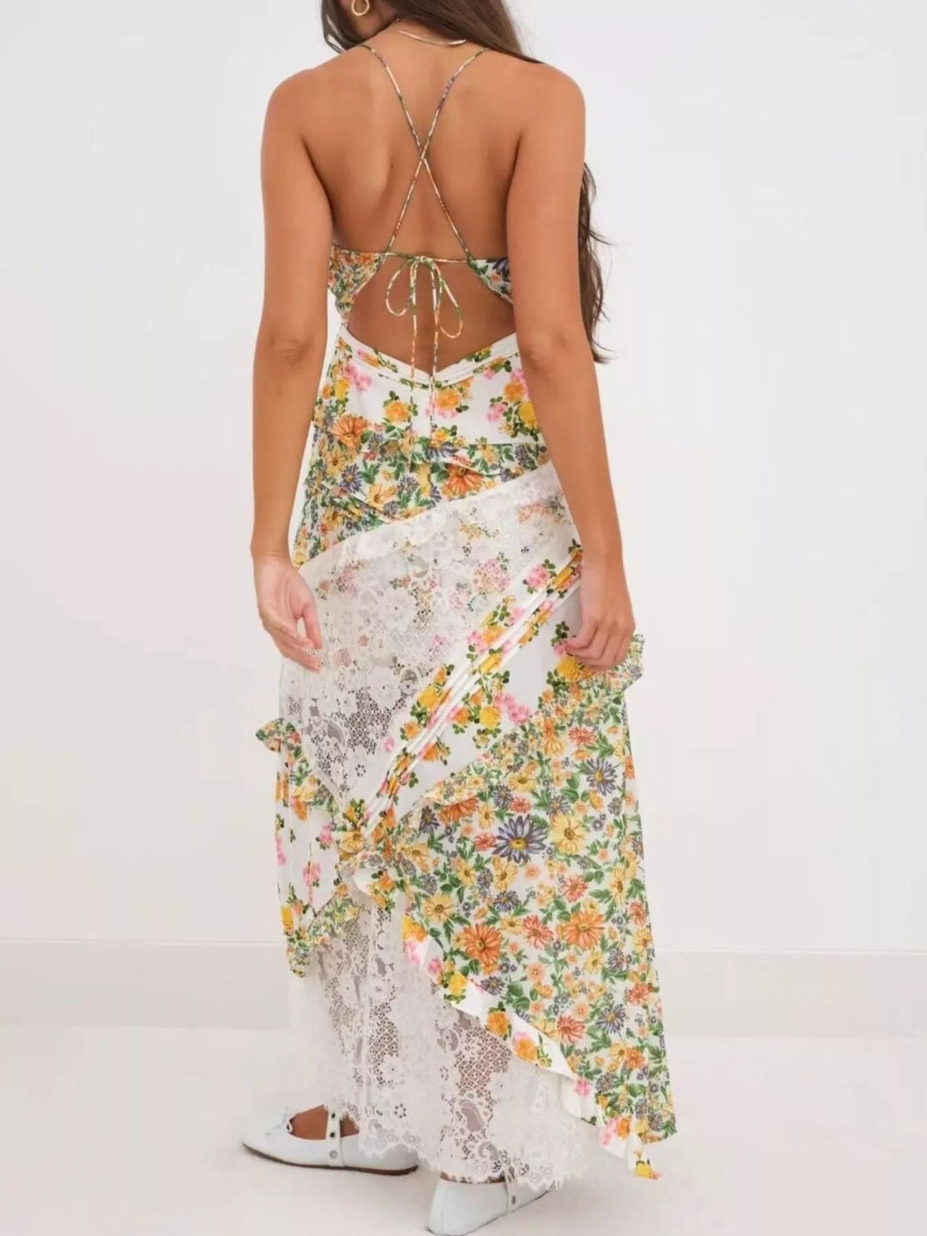 Lace Detail Ruffled Floral V - Neck Maxi Dress - MAD RUFFI