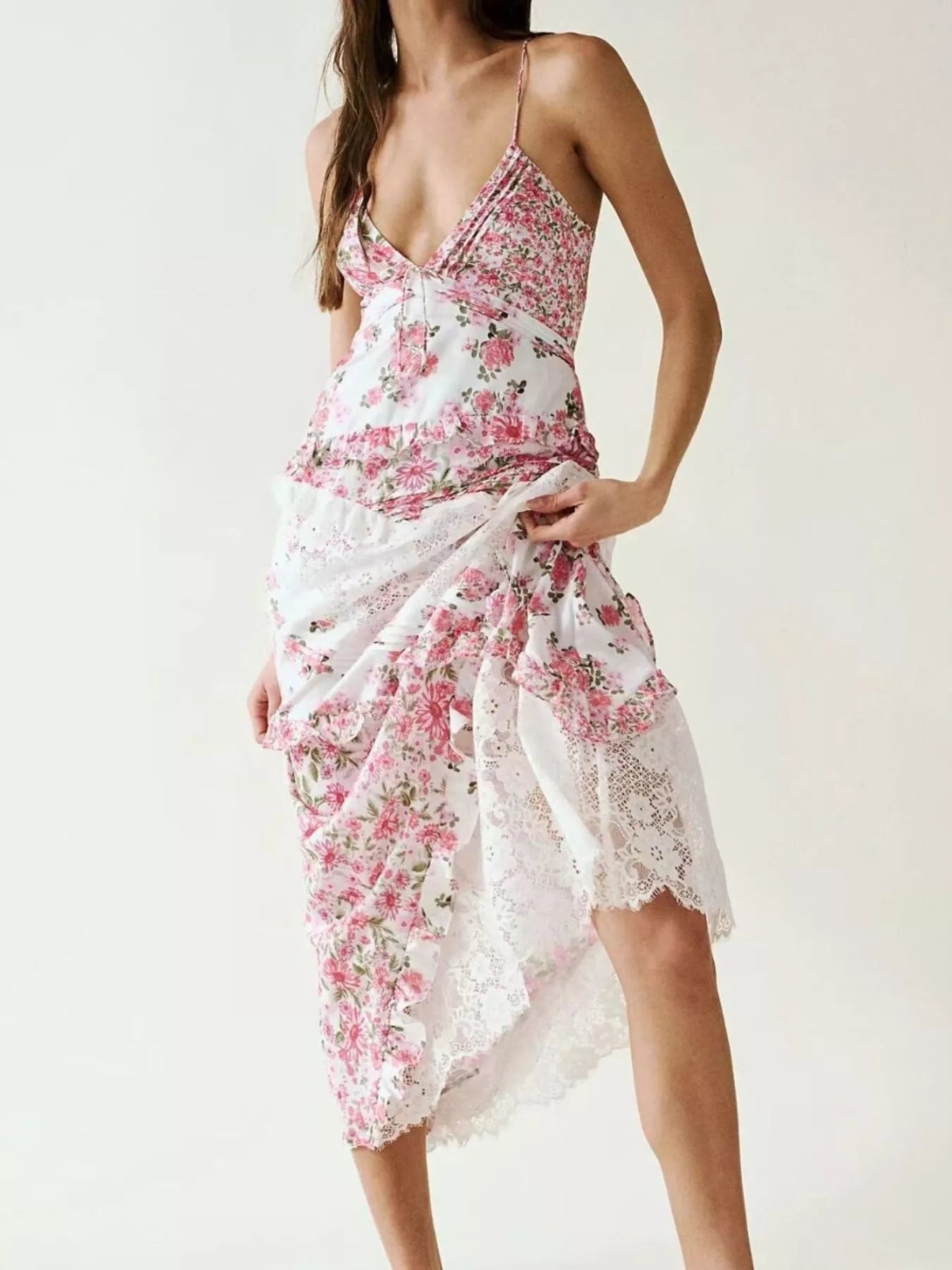 Lace Detail Ruffled Floral V - Neck Maxi Dress - MAD RUFFI