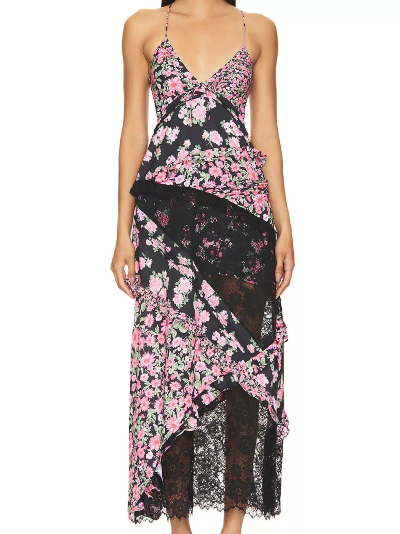 Lace Detail Ruffled Floral V - Neck Maxi Dress - MAD RUFFI