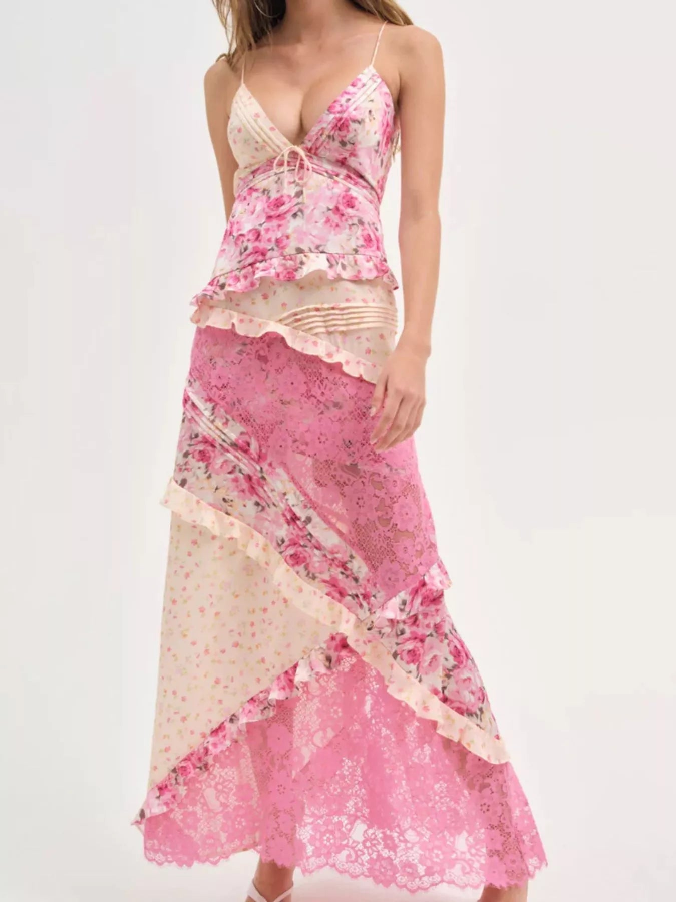 Lace Detail Ruffled Floral V - Neck Maxi Dress - MAD RUFFI