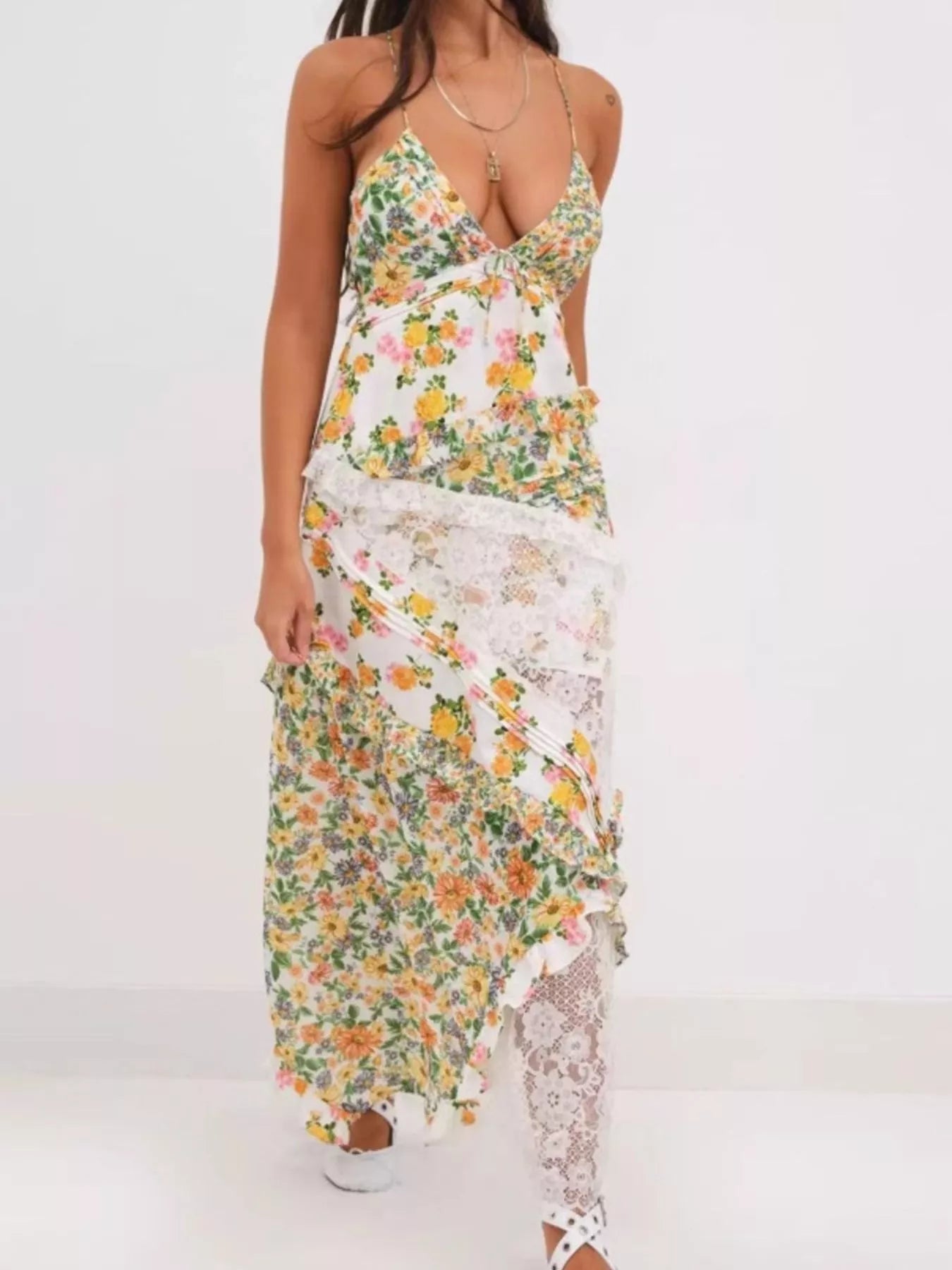 Lace Detail Ruffled Floral V - Neck Maxi Dress - MAD RUFFI