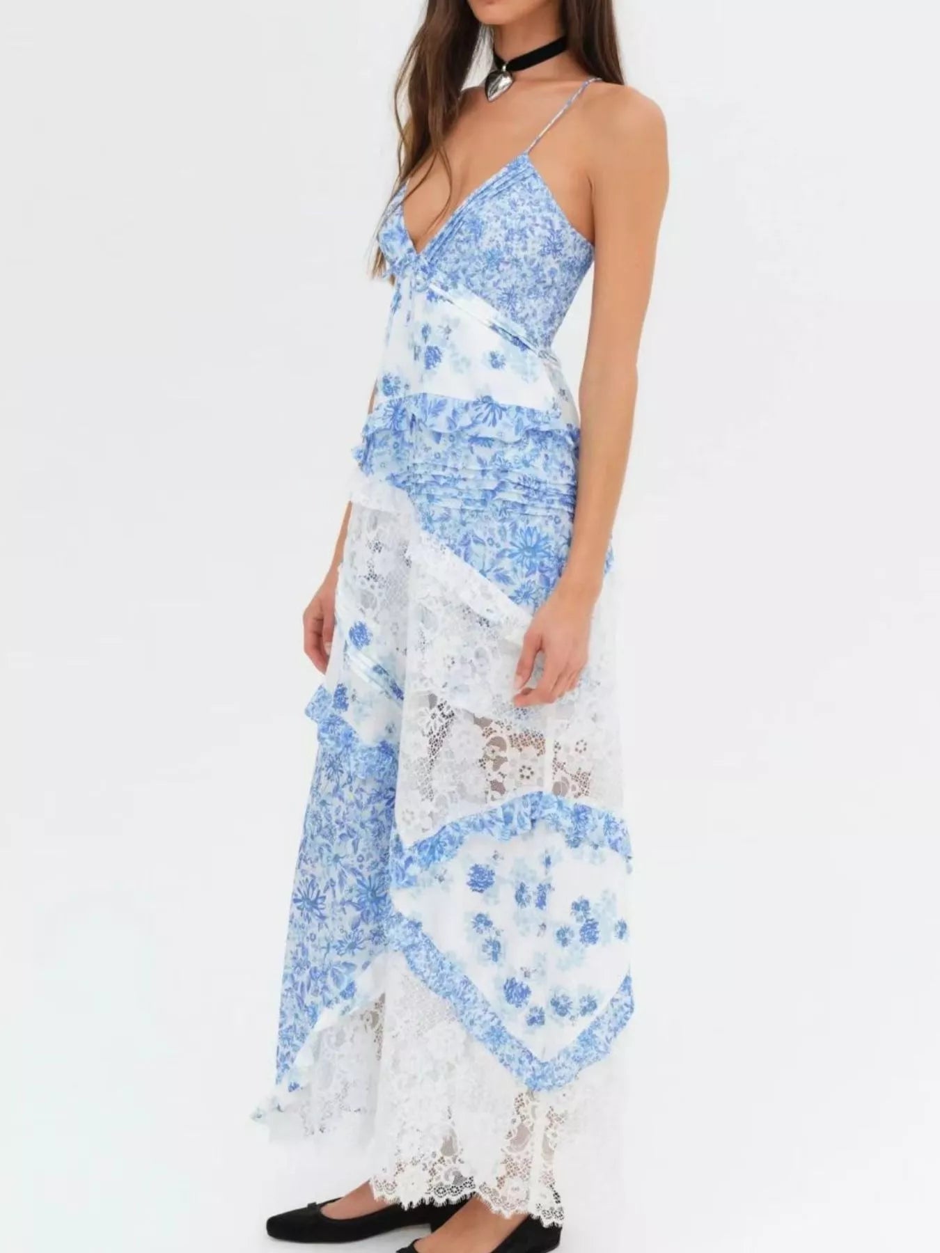 Lace Detail Ruffled Floral V - Neck Maxi Dress - MAD RUFFI