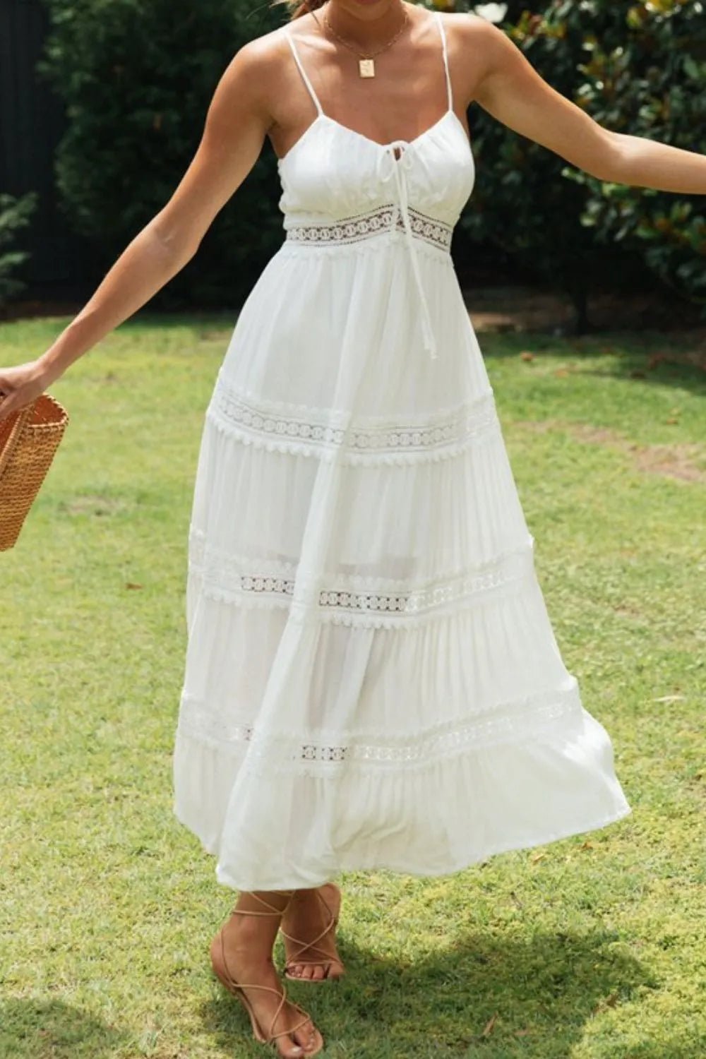 Lace Detail Smocked Midi Cami Dress - MAD RUFFI