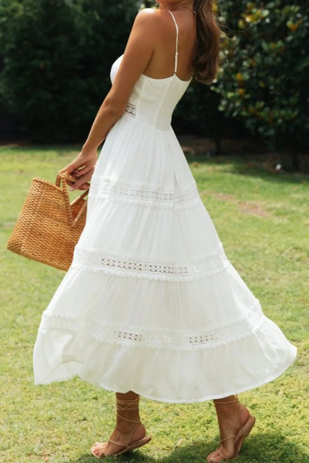 Lace Detail Smocked Midi Cami Dress - MAD RUFFI