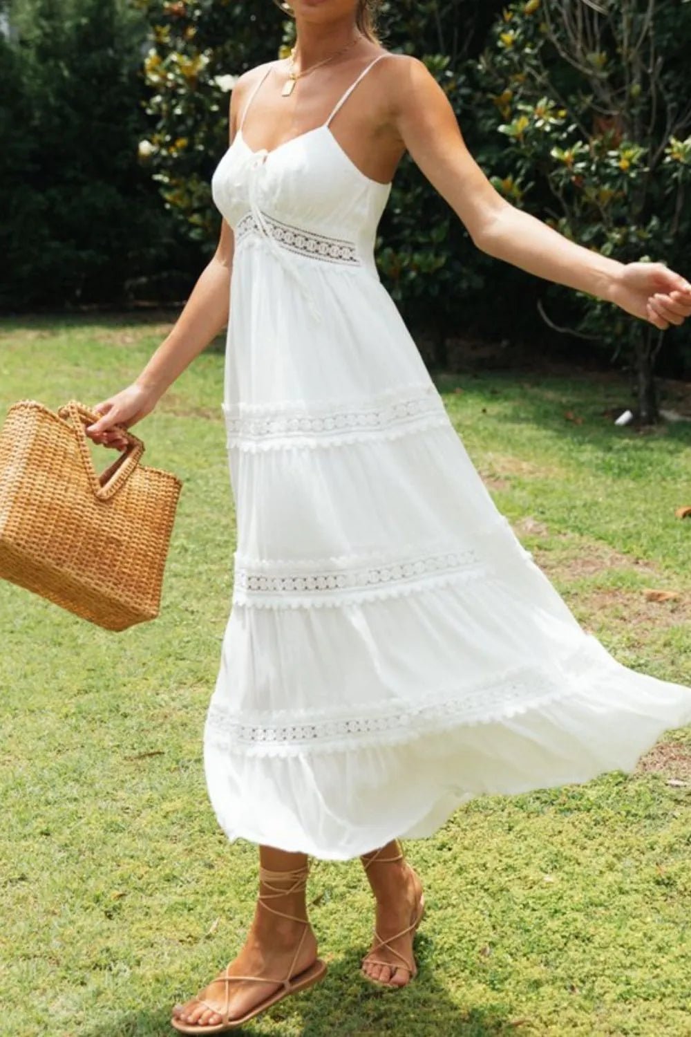 Lace Detail Smocked Midi Cami Dress - MAD RUFFI