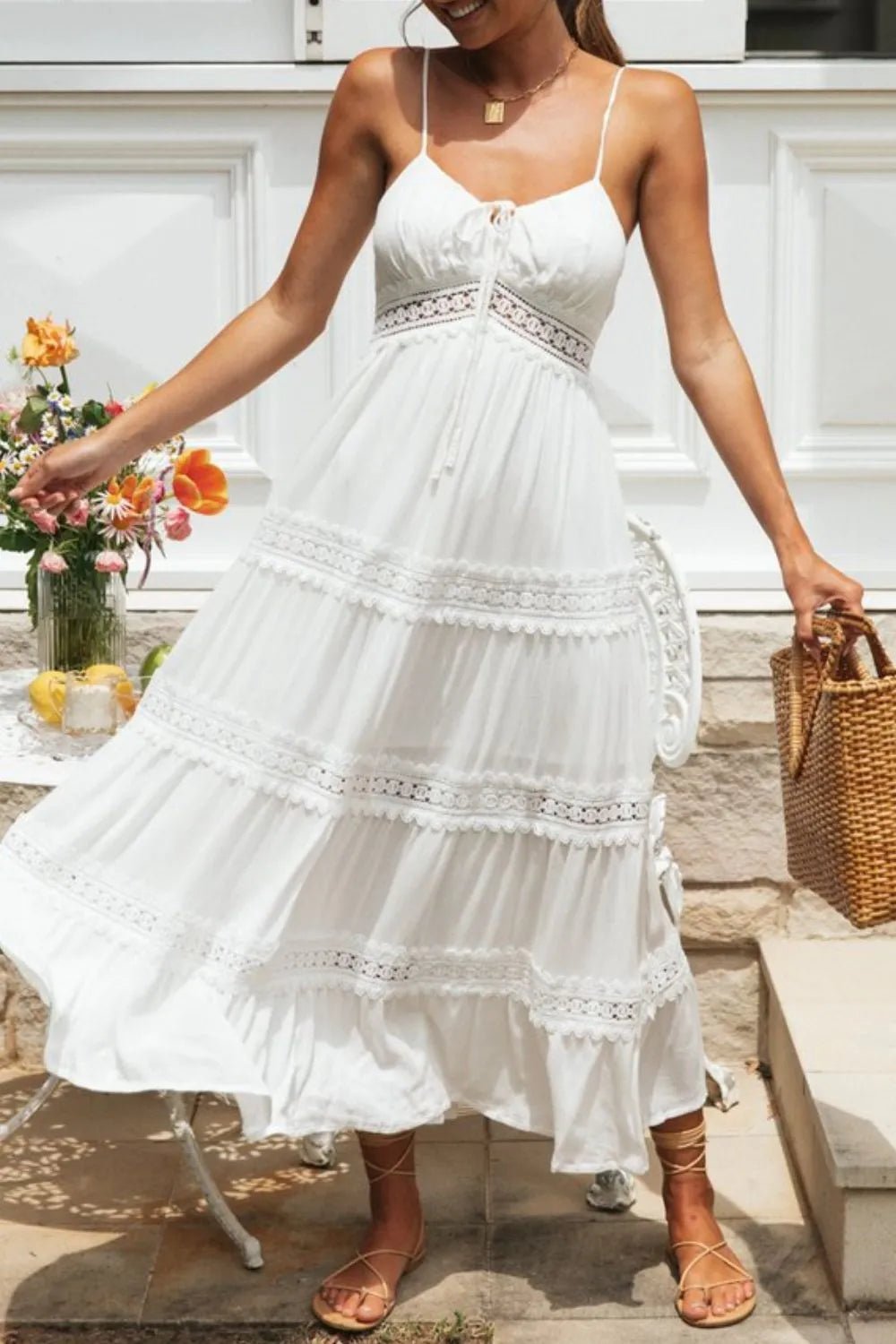 Lace Detail Smocked Midi Cami Dress - MAD RUFFI