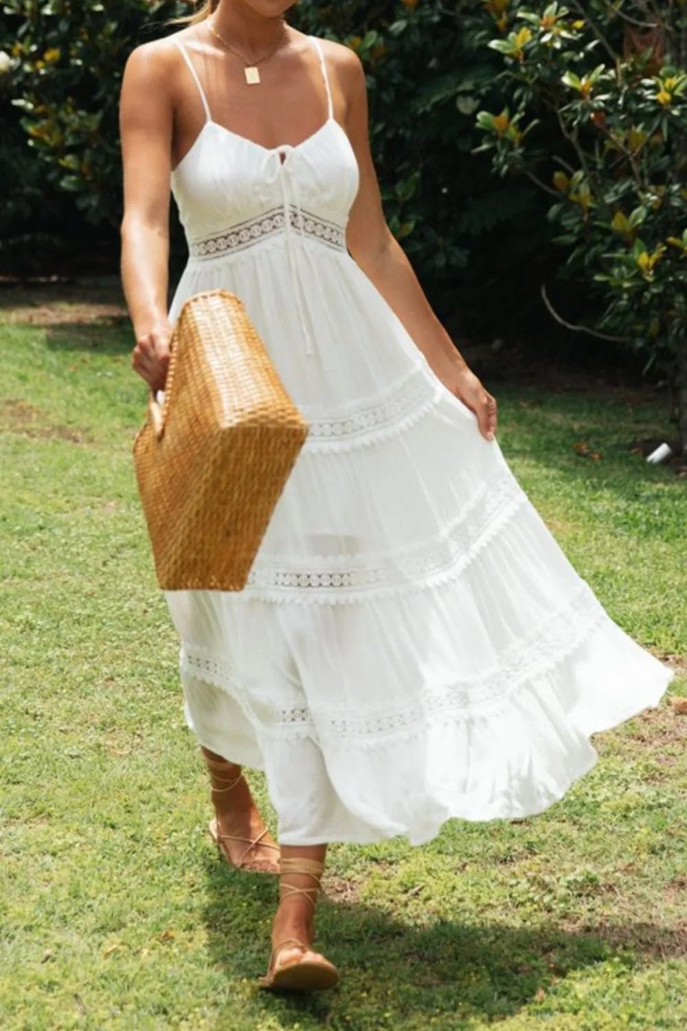 Lace Detail Smocked Midi Cami Dress - MAD RUFFI