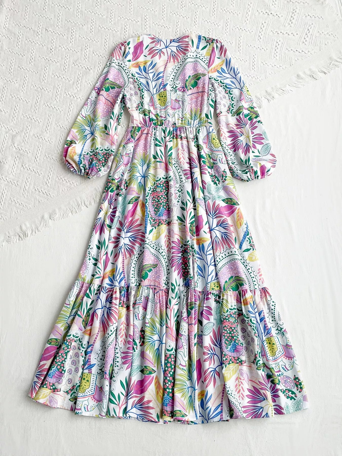 Lace Detail V - Neck Balloon Sleeve Dress - MAD RUFFI