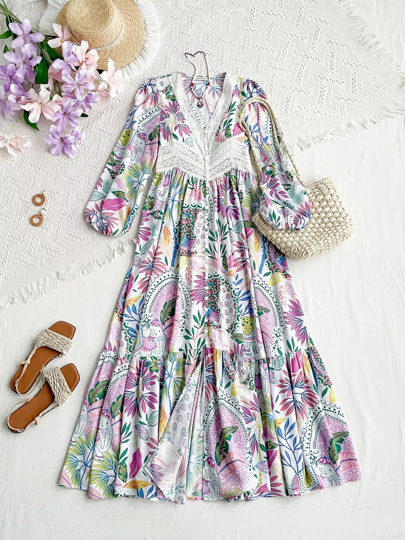 Lace Detail V - Neck Balloon Sleeve Dress - MAD RUFFI