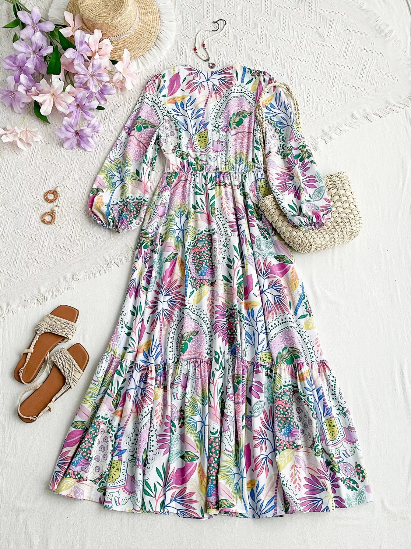 Lace Detail V - Neck Balloon Sleeve Dress - MAD RUFFI