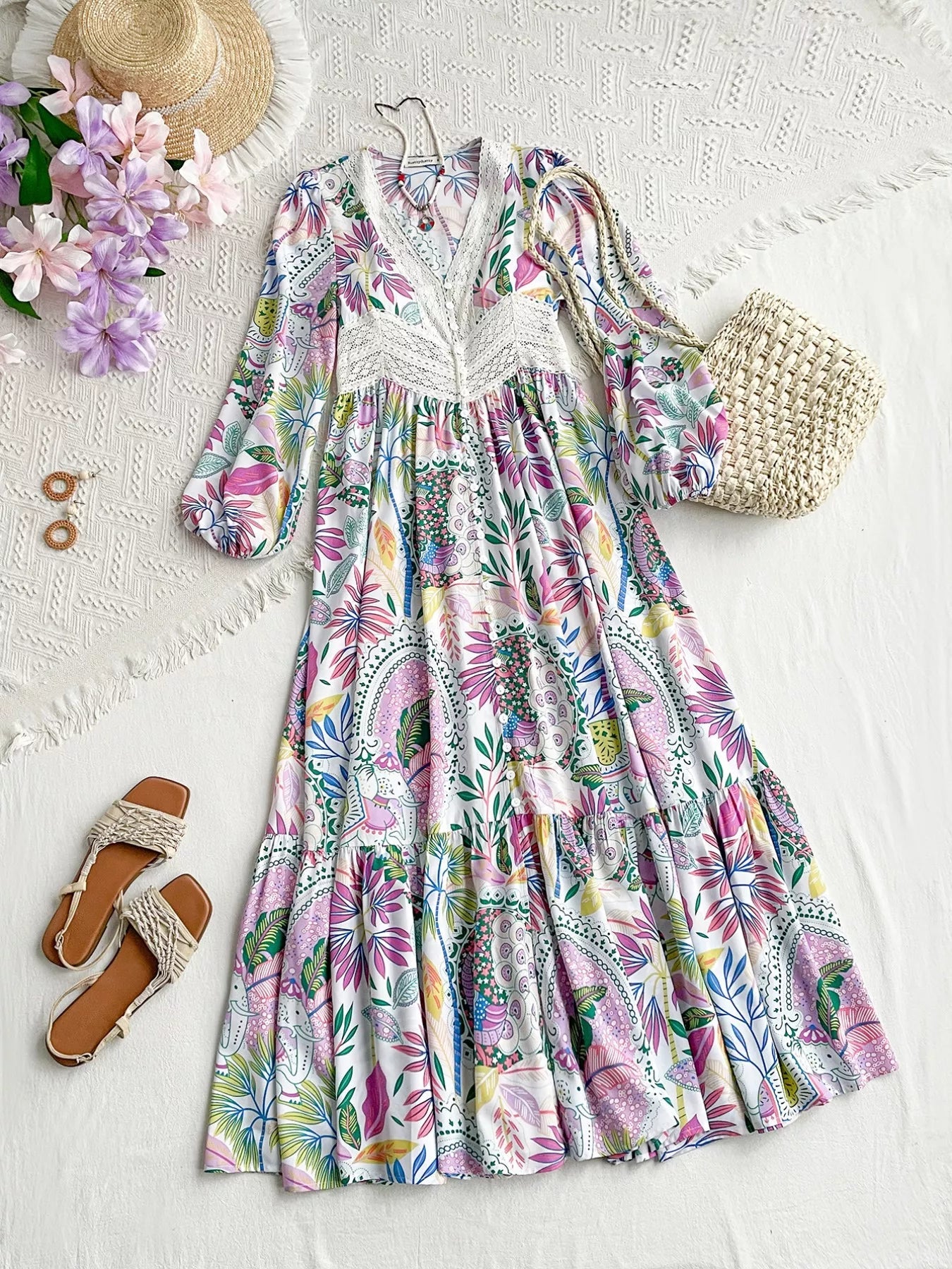 Lace Detail V - Neck Balloon Sleeve Dress - MAD RUFFI