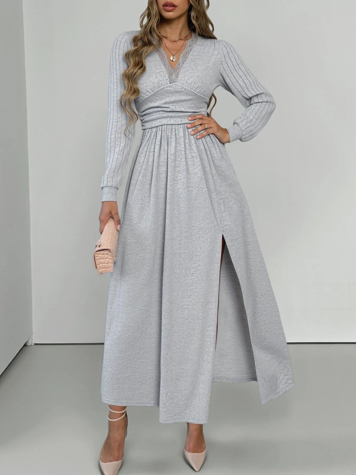 Lace Detail V - Neck Maxi Dress with Side Slit - MAD RUFFI