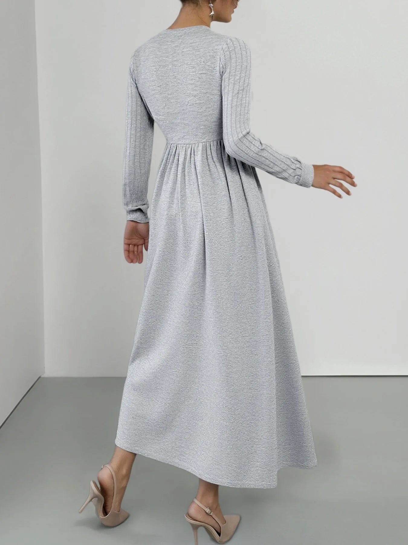 Lace Detail V - Neck Maxi Dress with Side Slit - MAD RUFFI