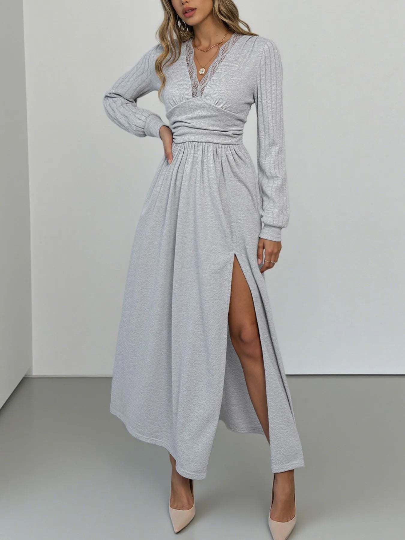 Lace Detail V - Neck Maxi Dress with Side Slit - MAD RUFFI