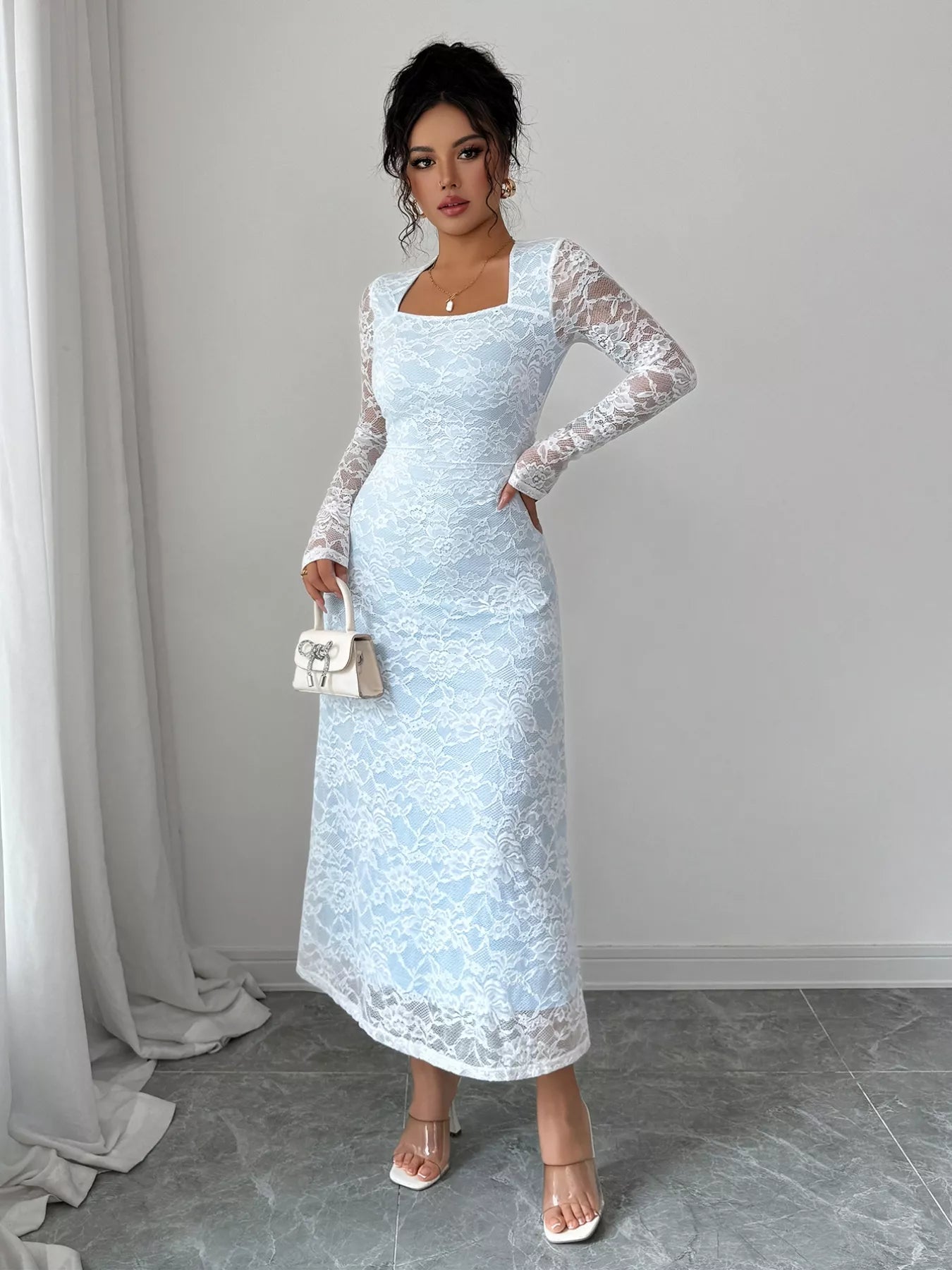 Lace Long Sleeve Square Neck Maxi Dress - MAD RUFFI