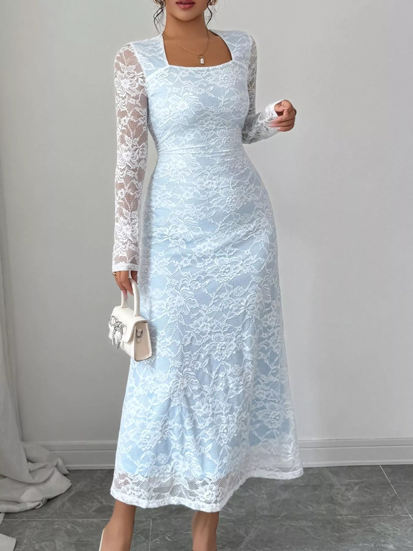 Lace Long Sleeve Square Neck Maxi Dress - MAD RUFFI