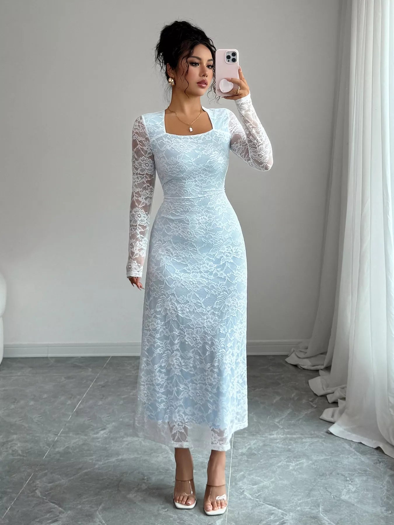Lace Long Sleeve Square Neck Maxi Dress - MAD RUFFI