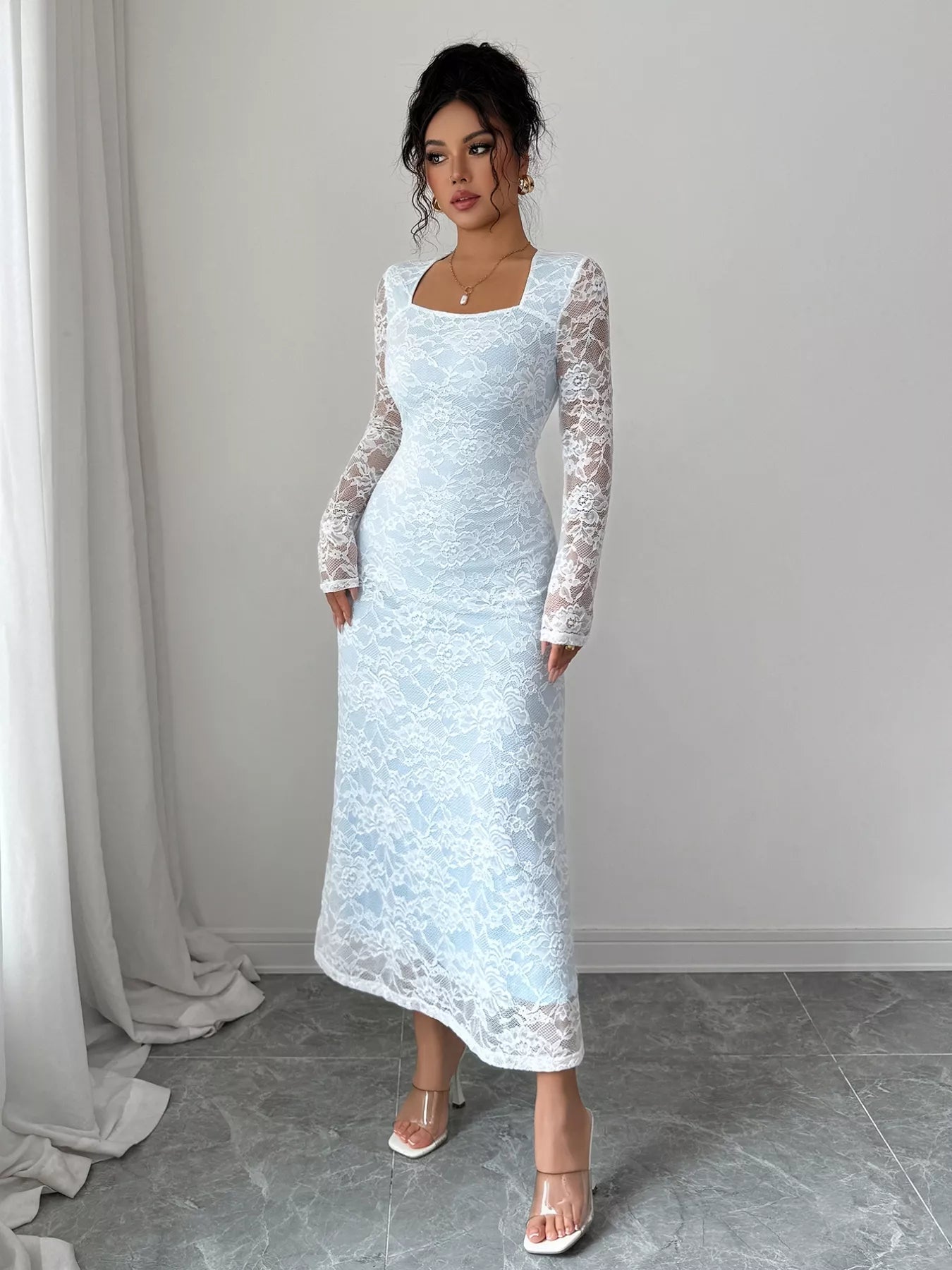 Lace Long Sleeve Square Neck Maxi Dress - MAD RUFFI